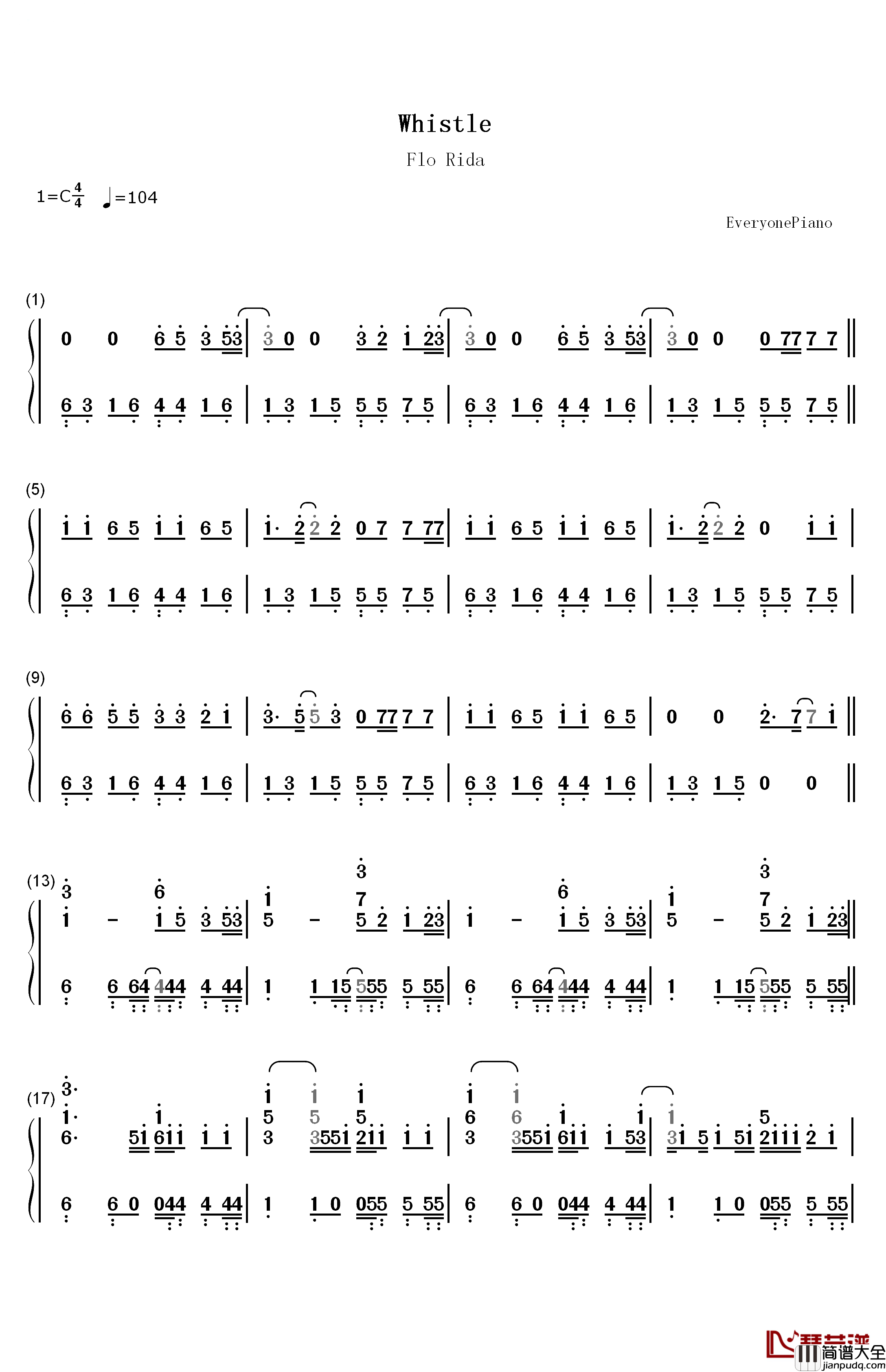 Whistle钢琴简谱_数字双手_Flo_Rida