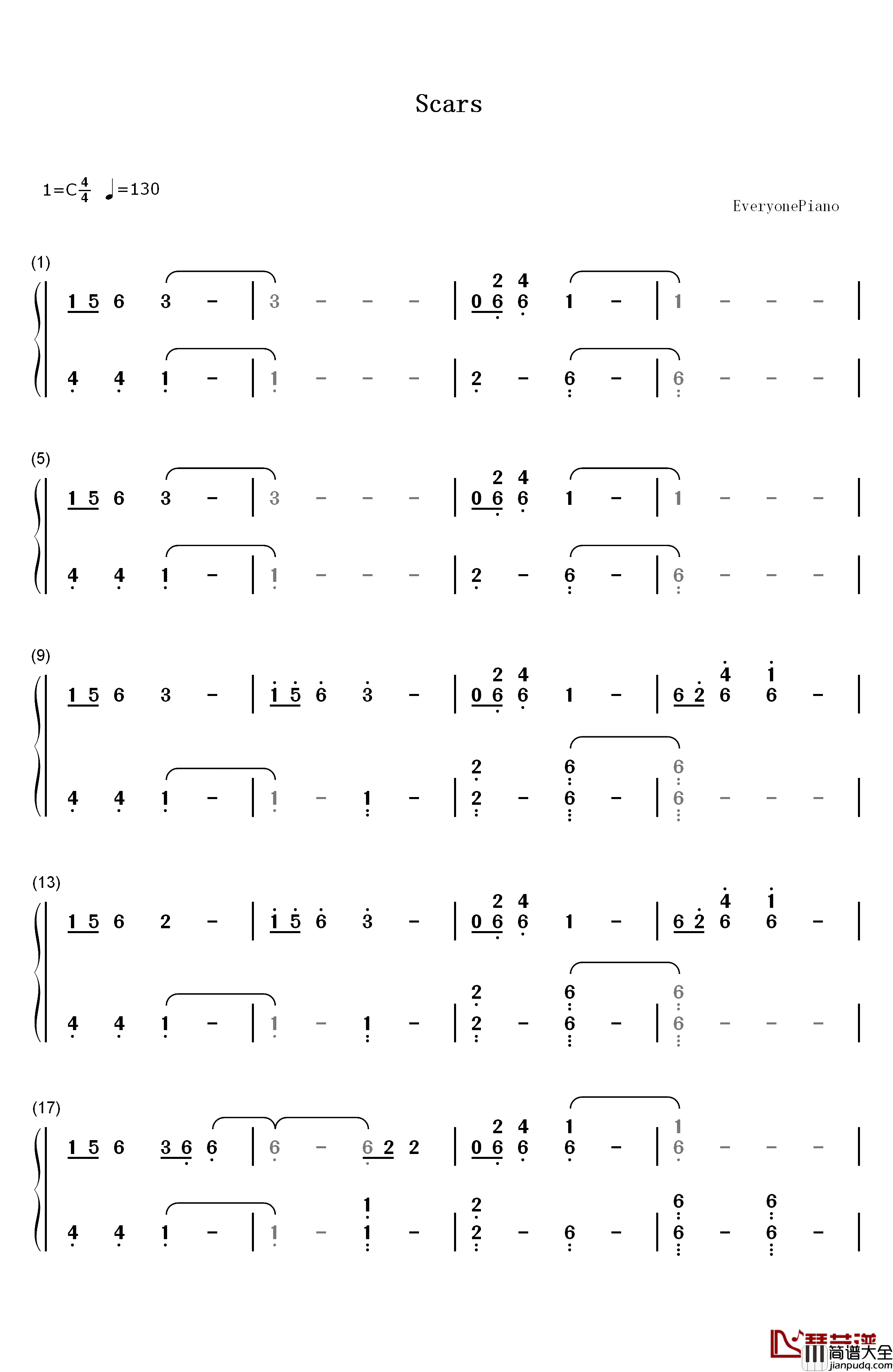 Scars钢琴简谱_数字双手_Nils_Frahm_DJ_Shadow