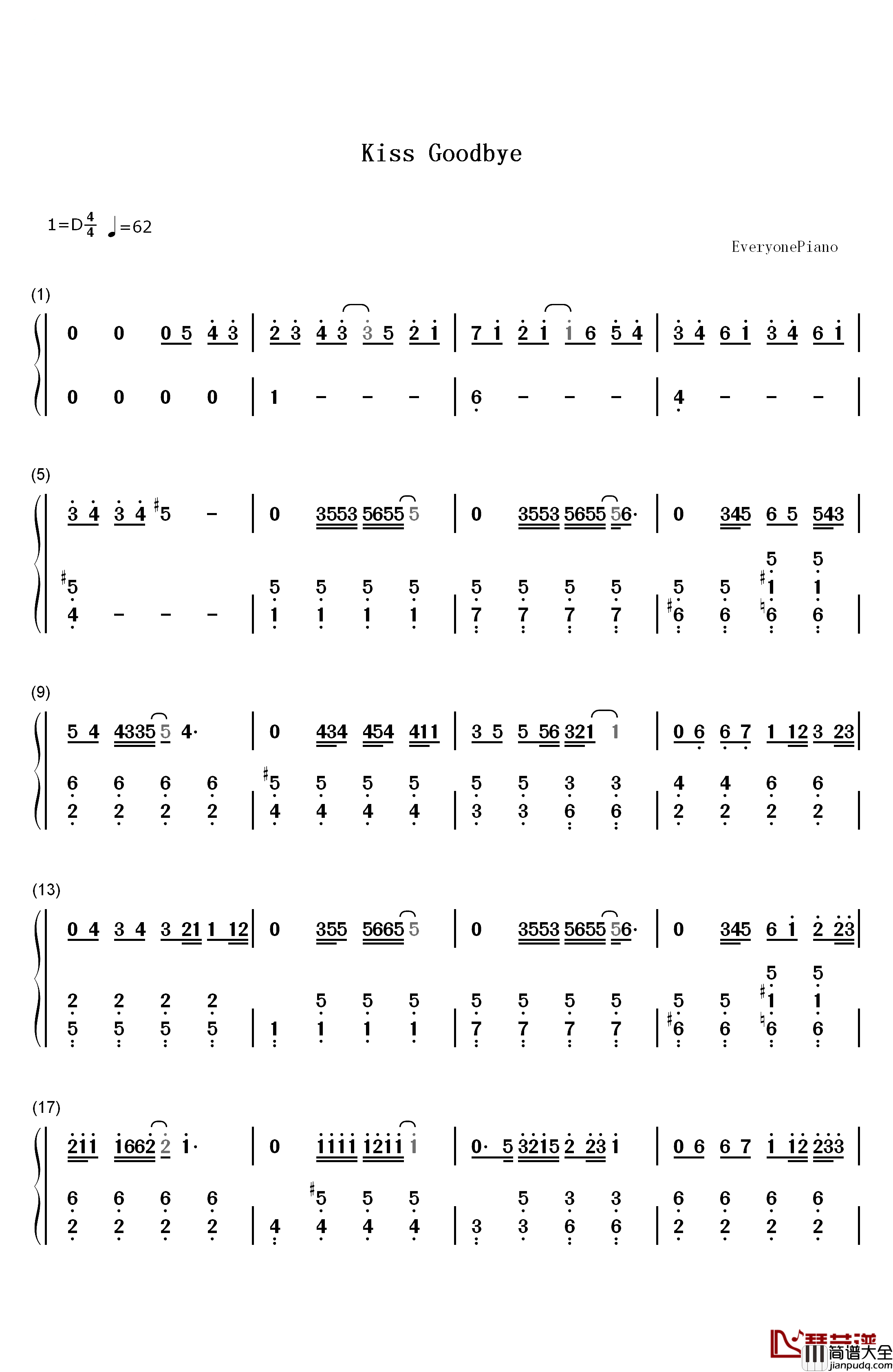 Kiss_Goodbye钢琴简谱_数字双手_王力宏
