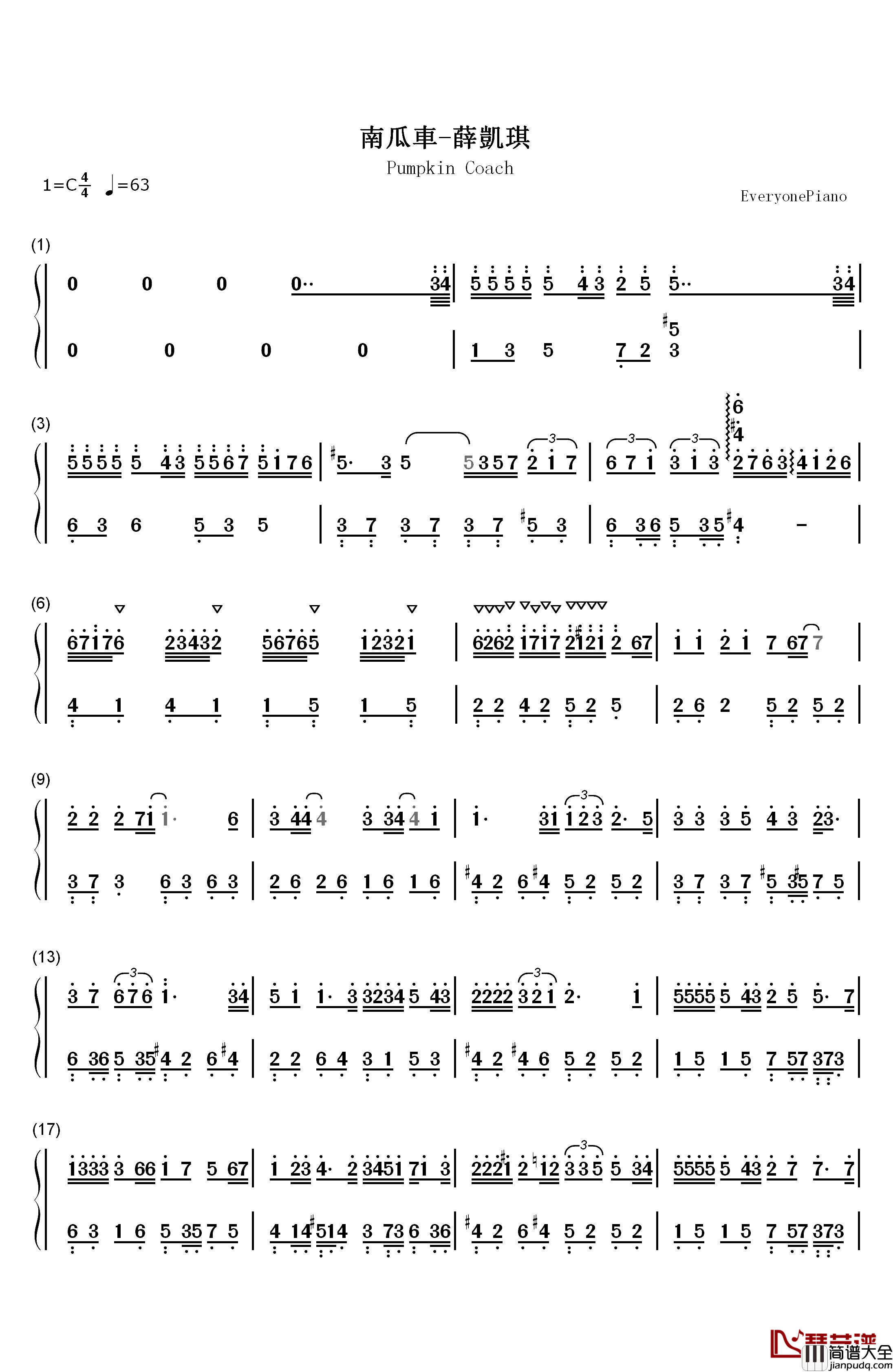南瓜车钢琴简谱_数字双手_薛凯琪
