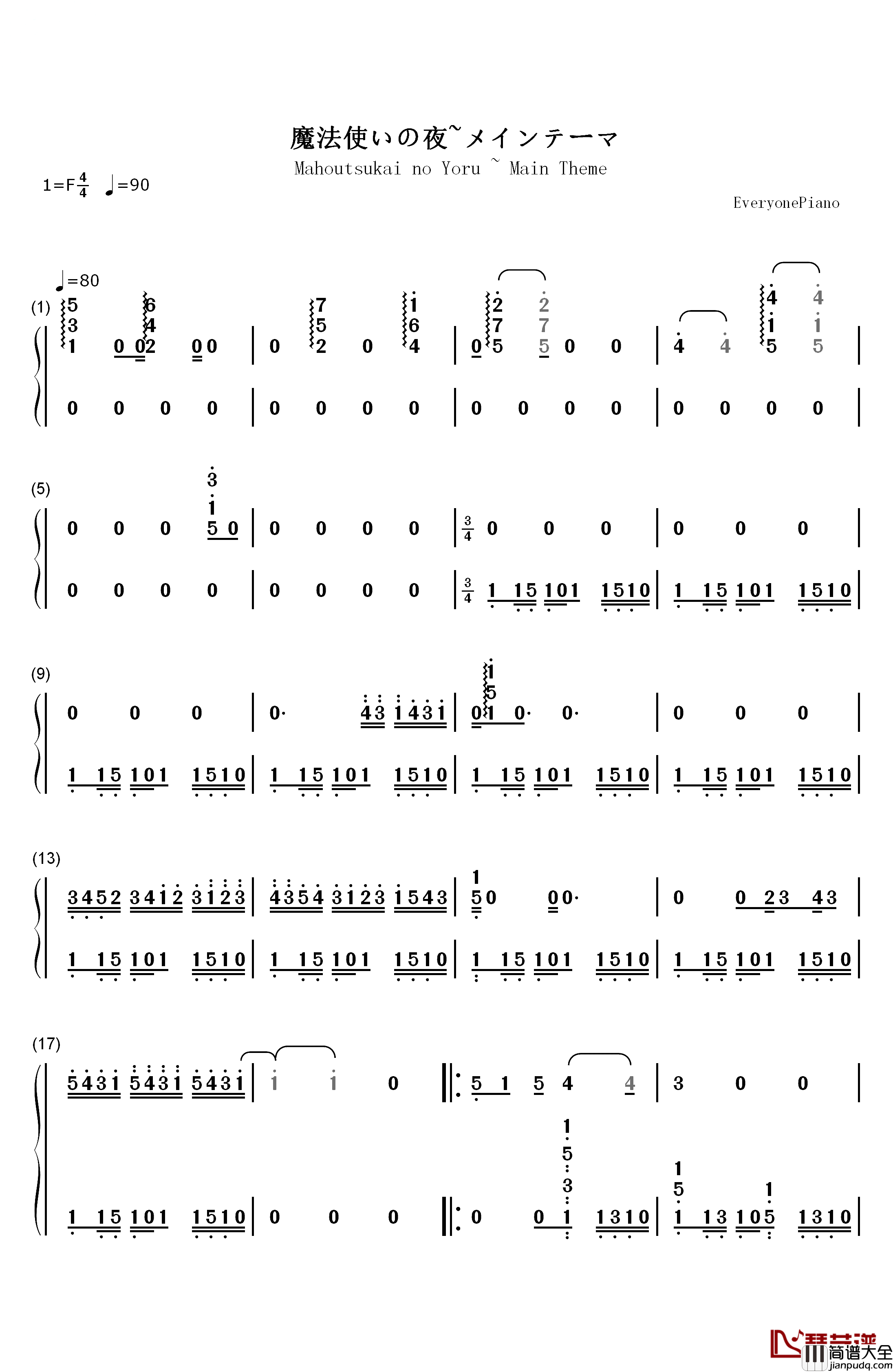 魔法使いの夜～メインテーマ钢琴简谱_数字双手_深泽秀行