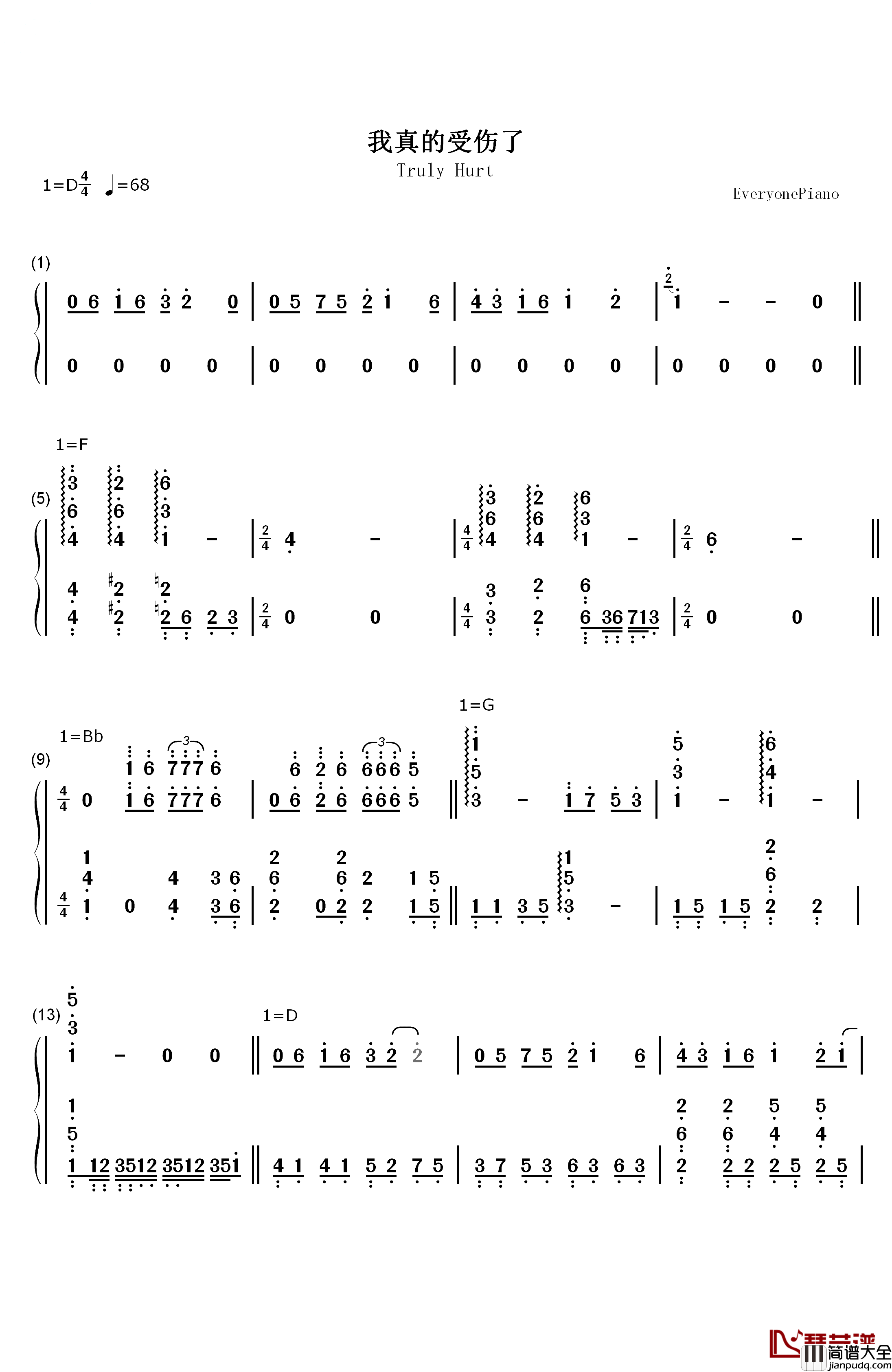 我真的受伤了钢琴简谱_数字双手_张学友