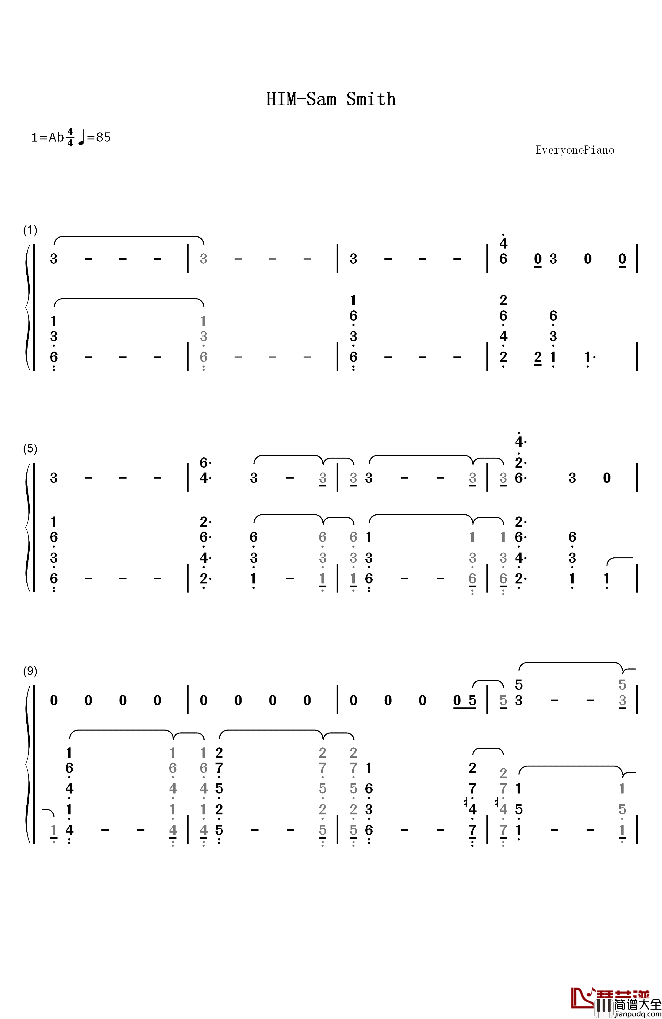 HIM钢琴简谱_数字双手_Sam_Smith