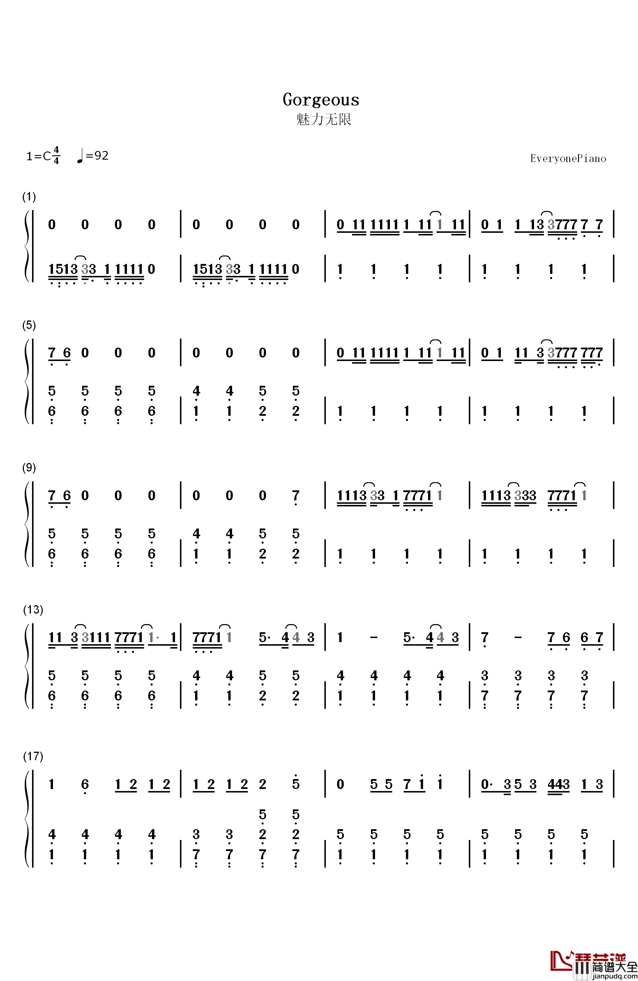 Gorgeous钢琴简谱_数字双手_Taylor_Swift