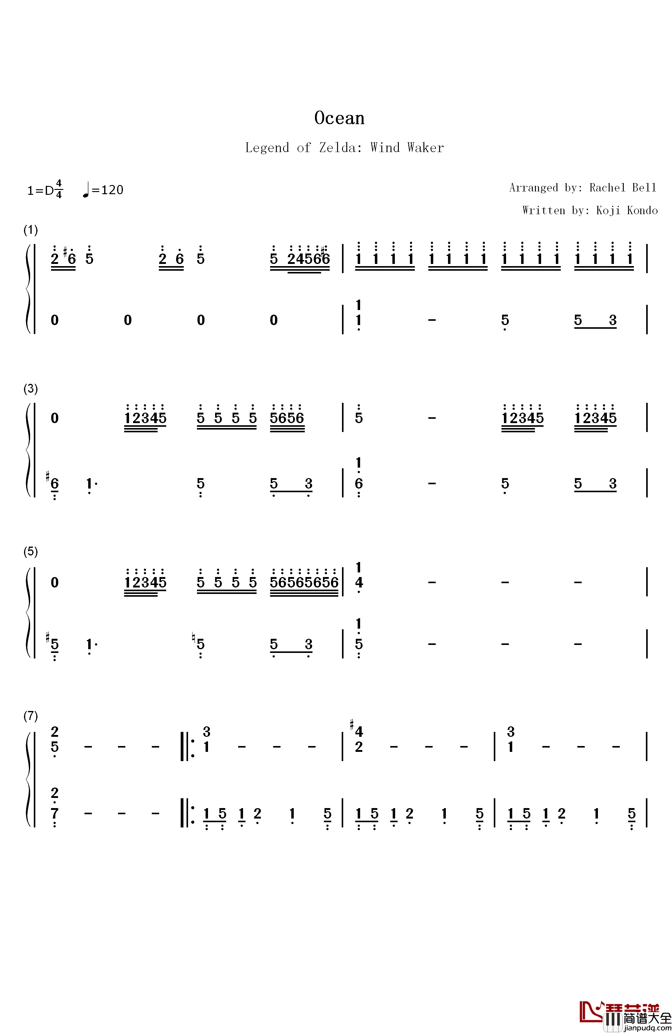 Ocean钢琴简谱_数字双手_永田権太