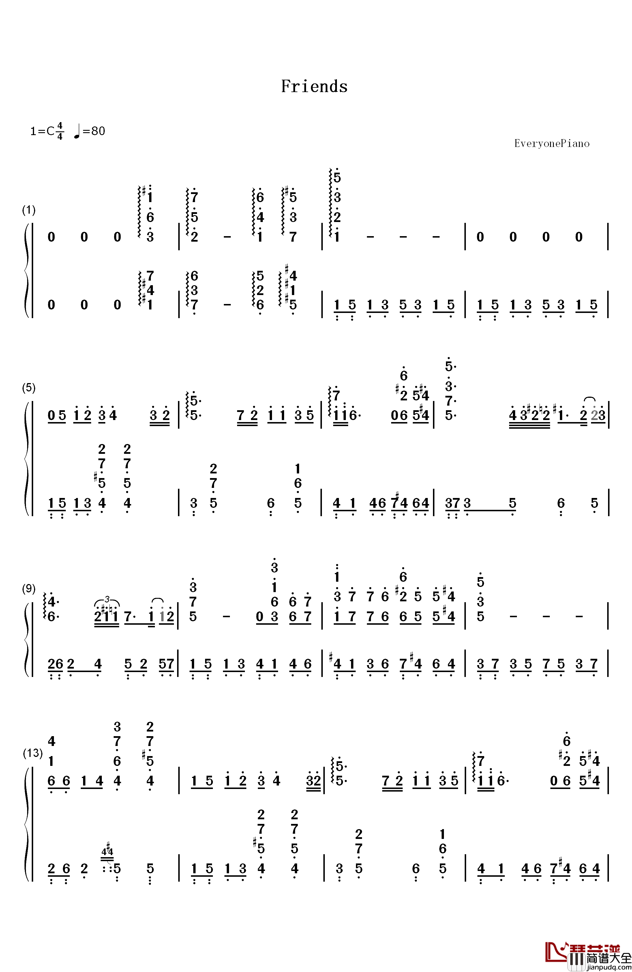 Friends钢琴简谱_数字双手_久石让