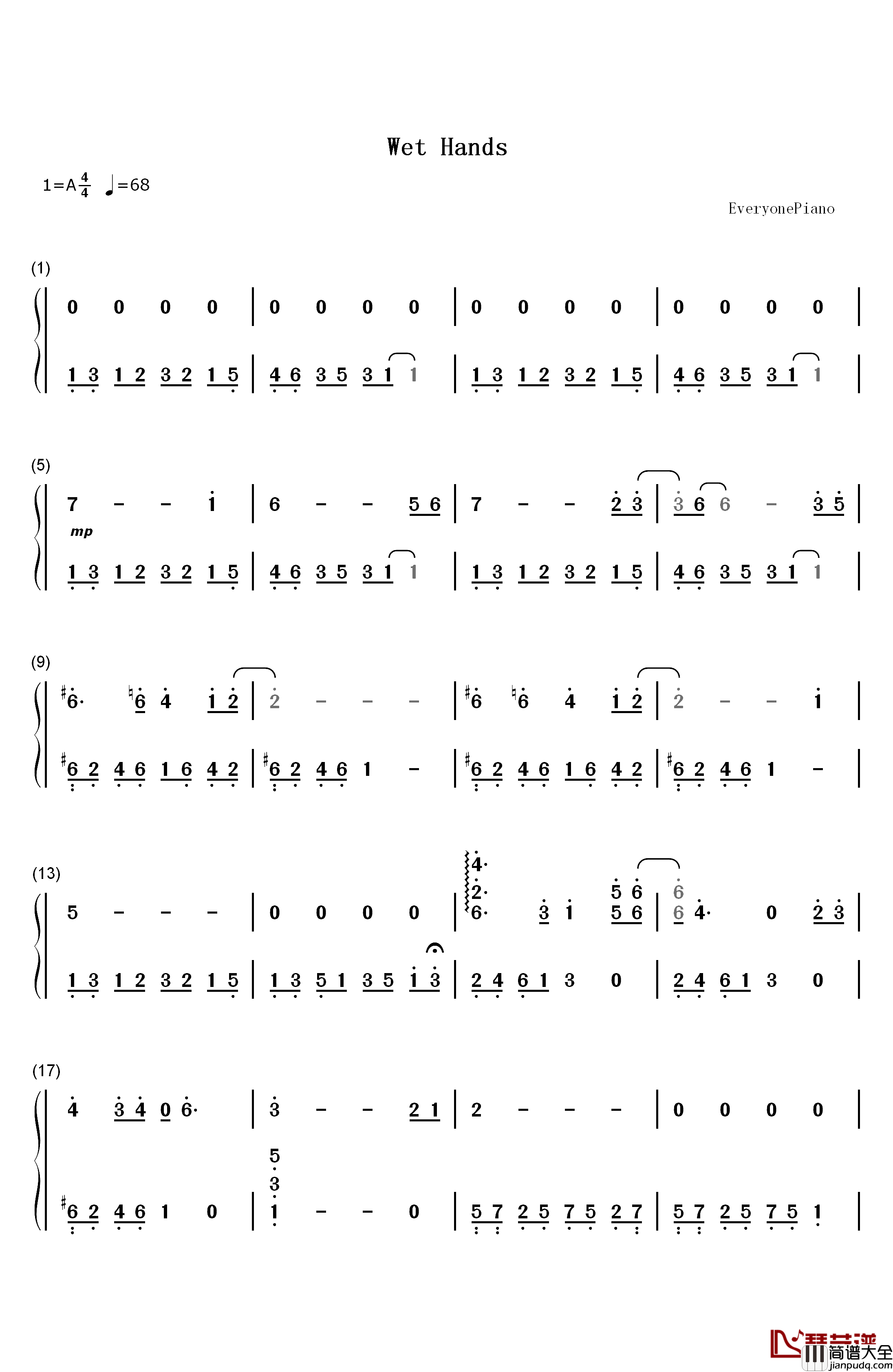 Wet_Hands钢琴简谱_数字双手_丹尼尔·罗森菲尔德C418