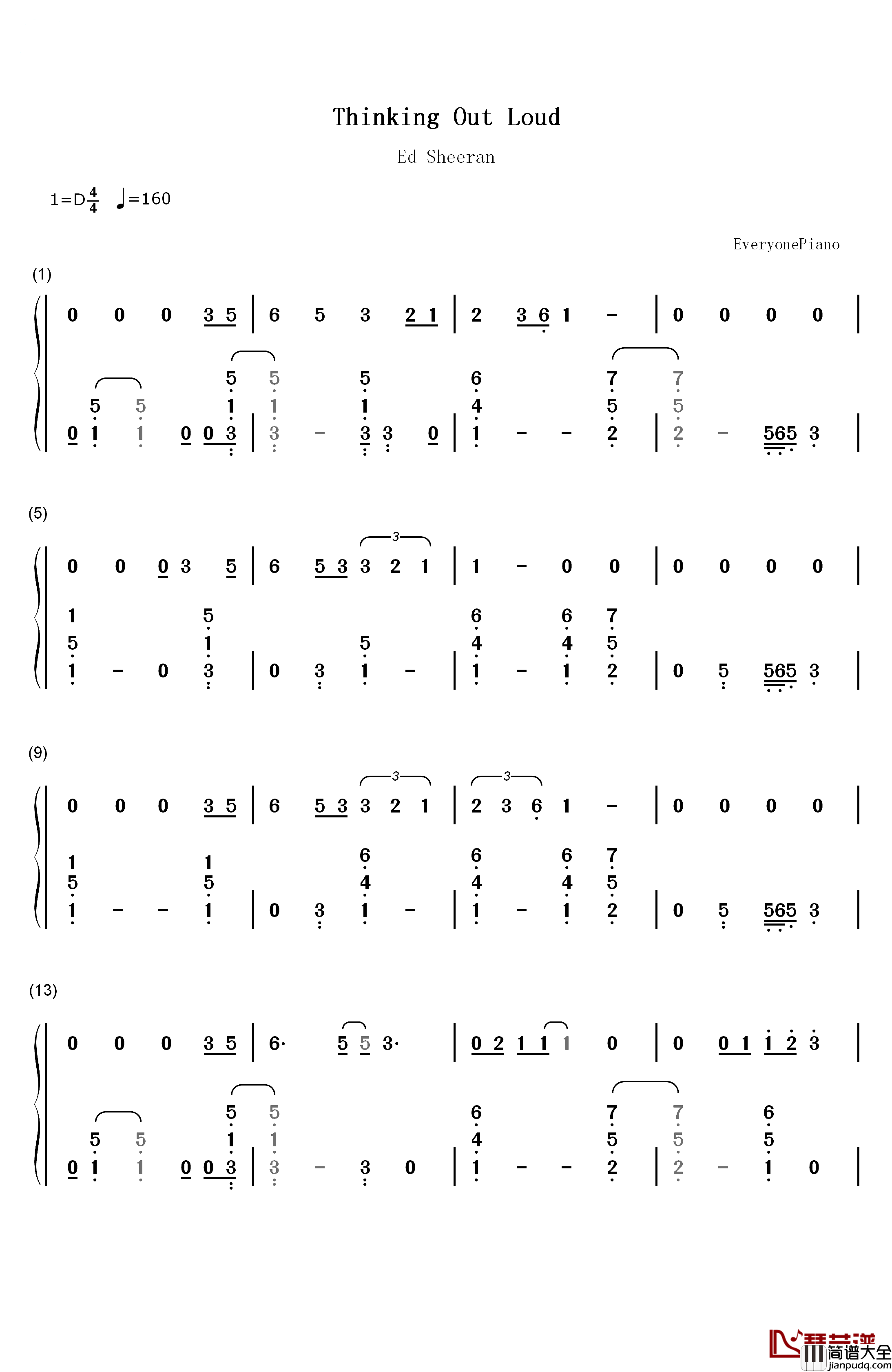 Thinking_Out_Loud钢琴简谱_数字双手_Ed_Sheeran