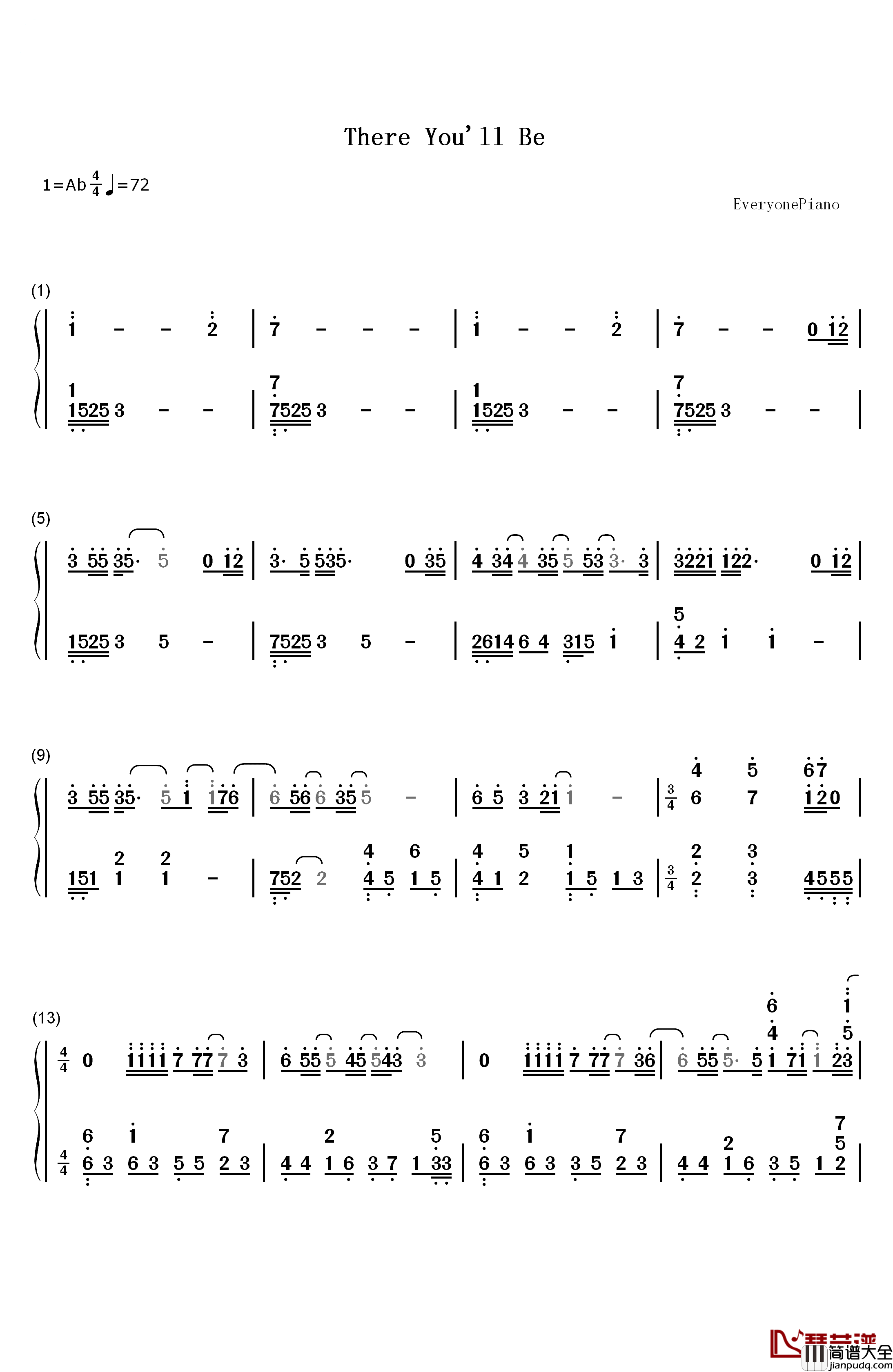 There_You'll_Be钢琴简谱_数字双手_Faith_Hill__费丝希尔