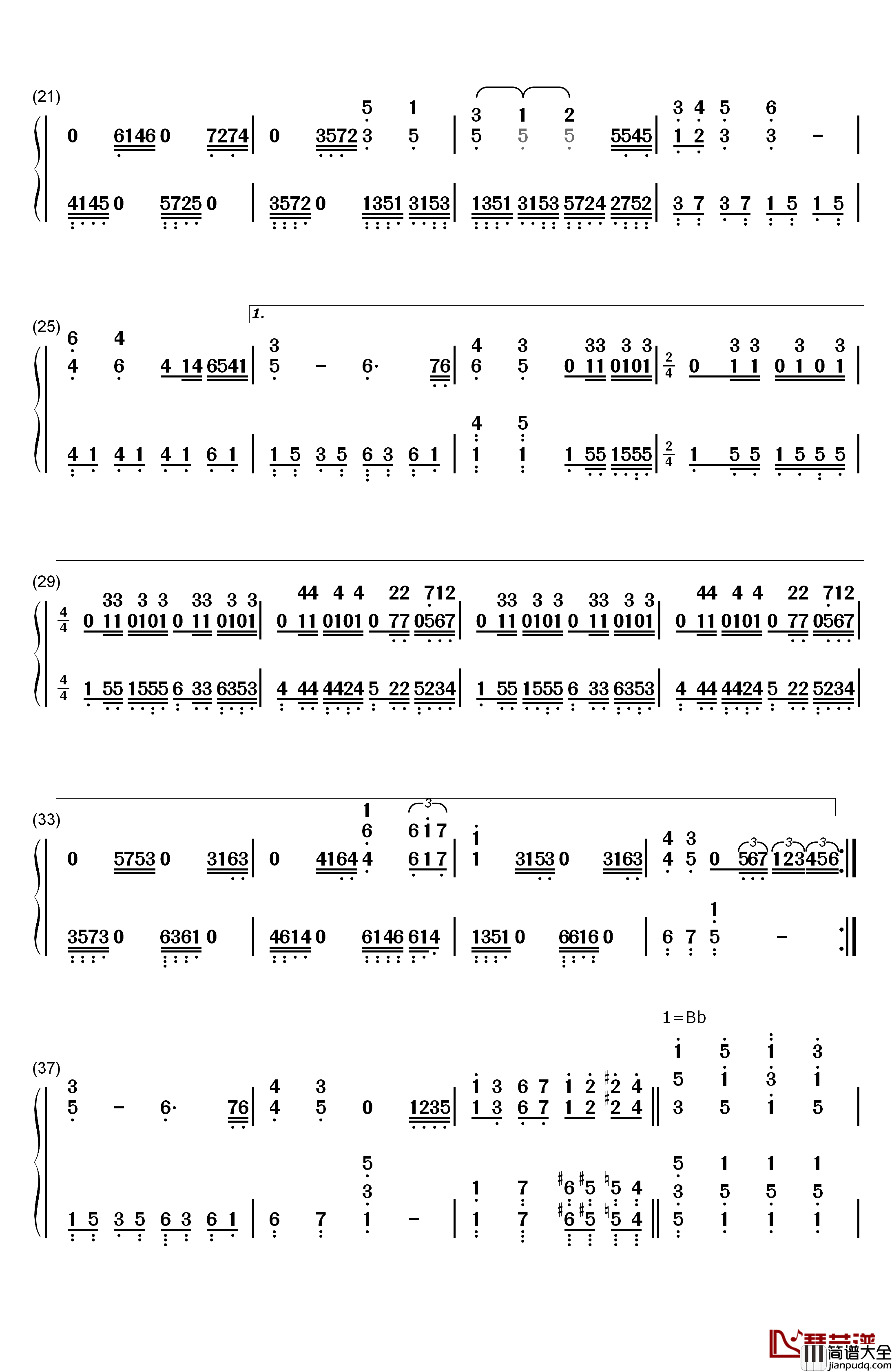 山高水长钢琴简谱_数字双手_陈小奇
