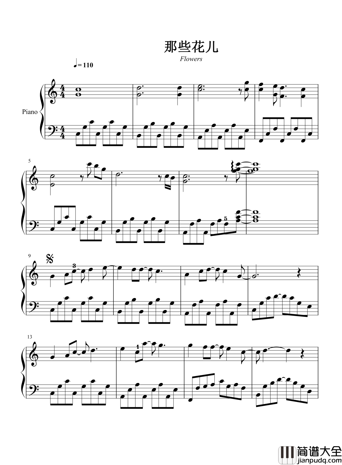 那些花儿钢琴谱_朴树_好在曾经拥有它们的春秋和冬夏