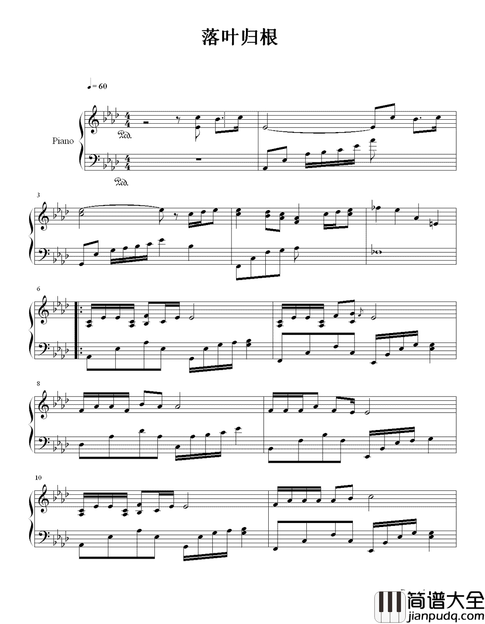 落叶归根钢琴谱_王力宏｜我的爱像落叶归根，家唯独在你身边