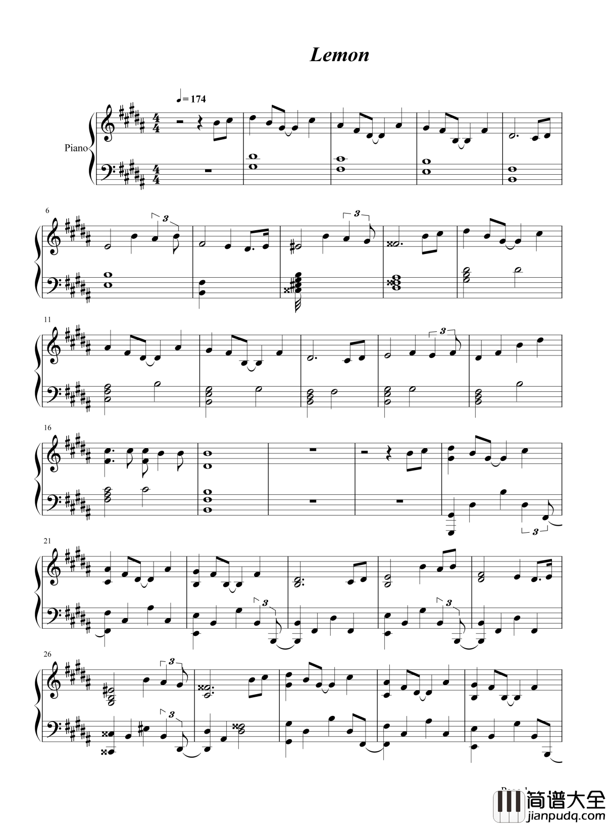 lemon钢琴谱_米津玄师日剧Unnatural主题曲