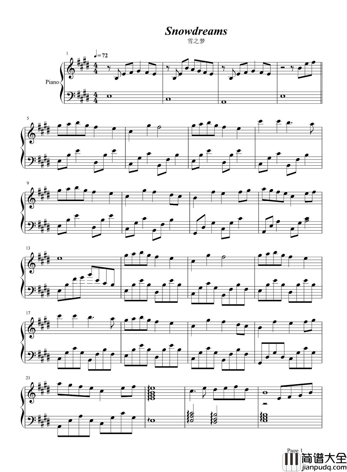 雪之梦钢琴谱_班得瑞聆听冬日里的童话世界