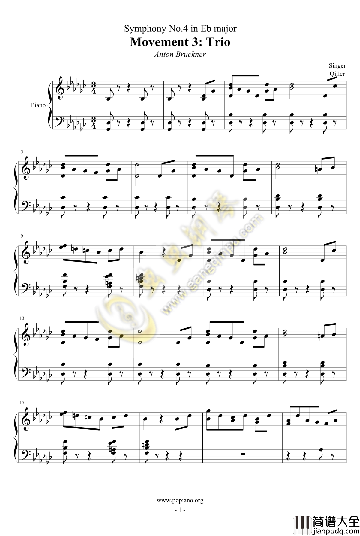 布鲁克纳第四交响曲第三乐章Trio钢琴谱_布鲁克纳