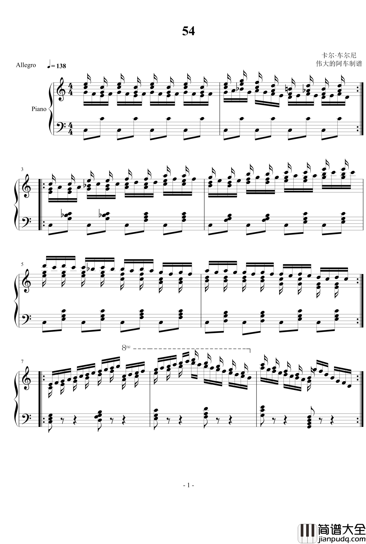 车尔尼练习曲op365.54钢琴谱_车尔尼_Czerny