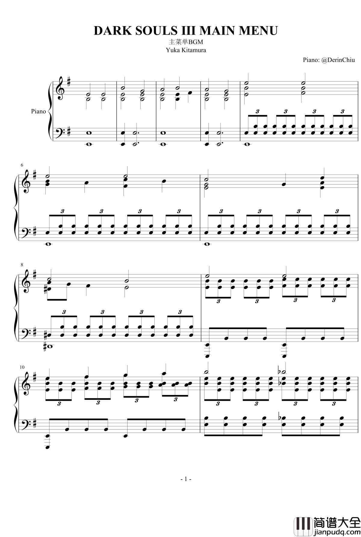 黑暗之魂3钢琴谱_主菜单音乐