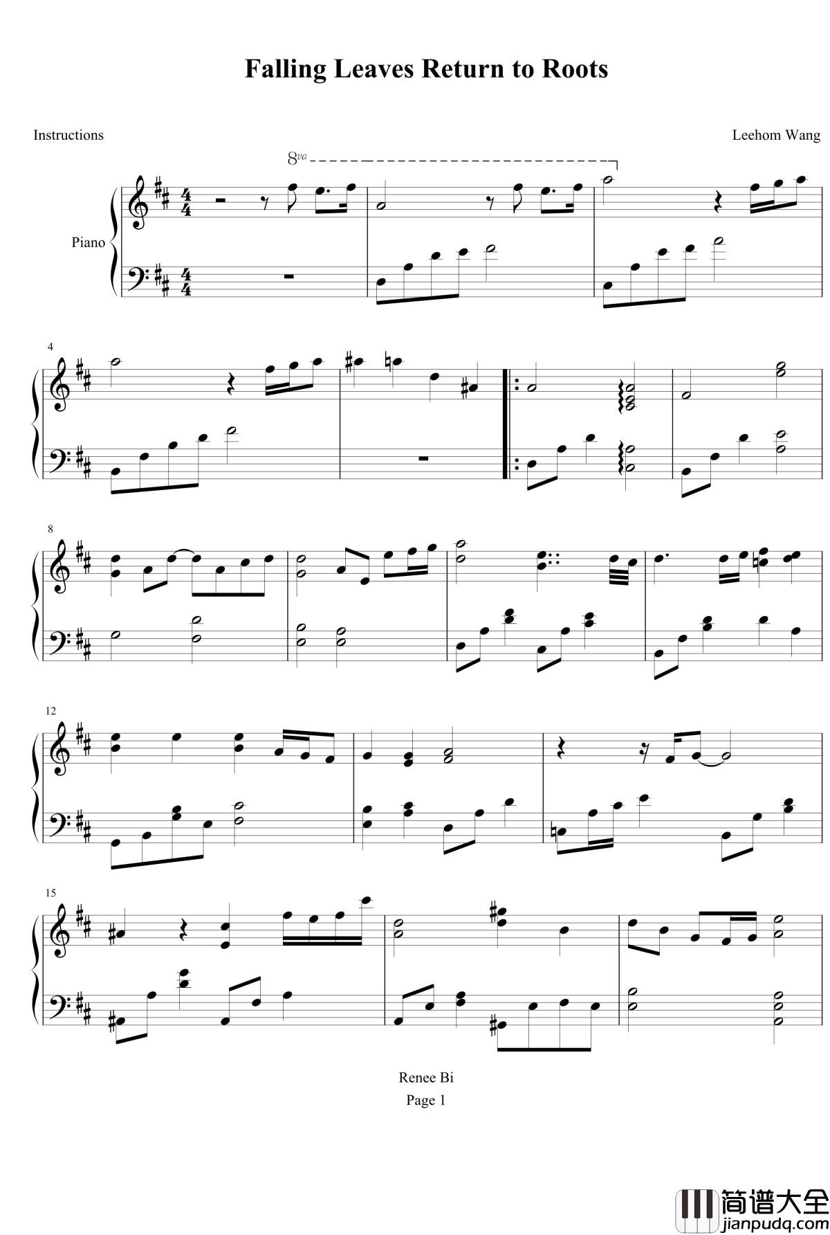 落叶归根钢琴谱_女生版_王力宏