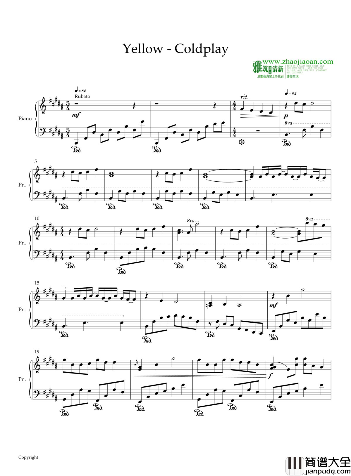 yellow钢琴谱__JEM
