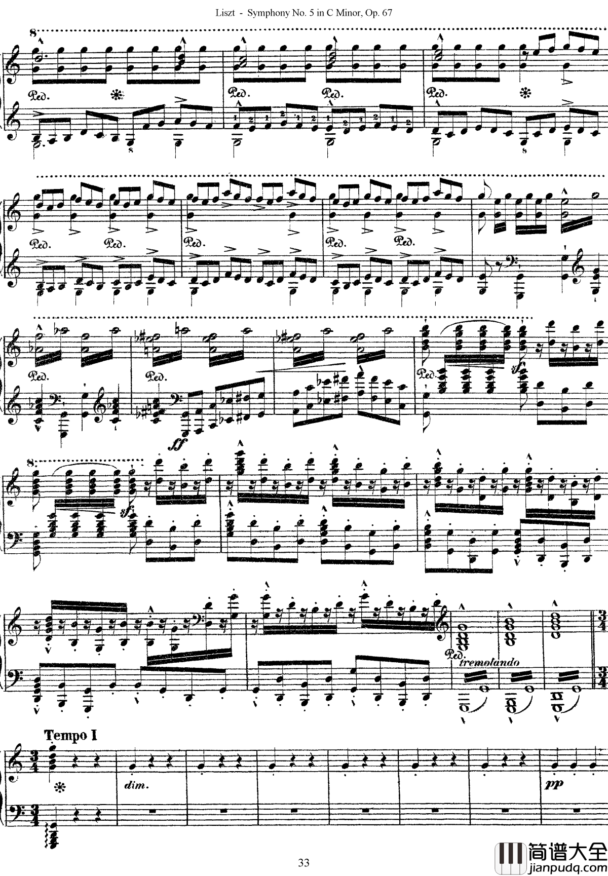 第五交响乐的钢琴曲钢琴谱_李斯特_李斯特改编自贝多芬