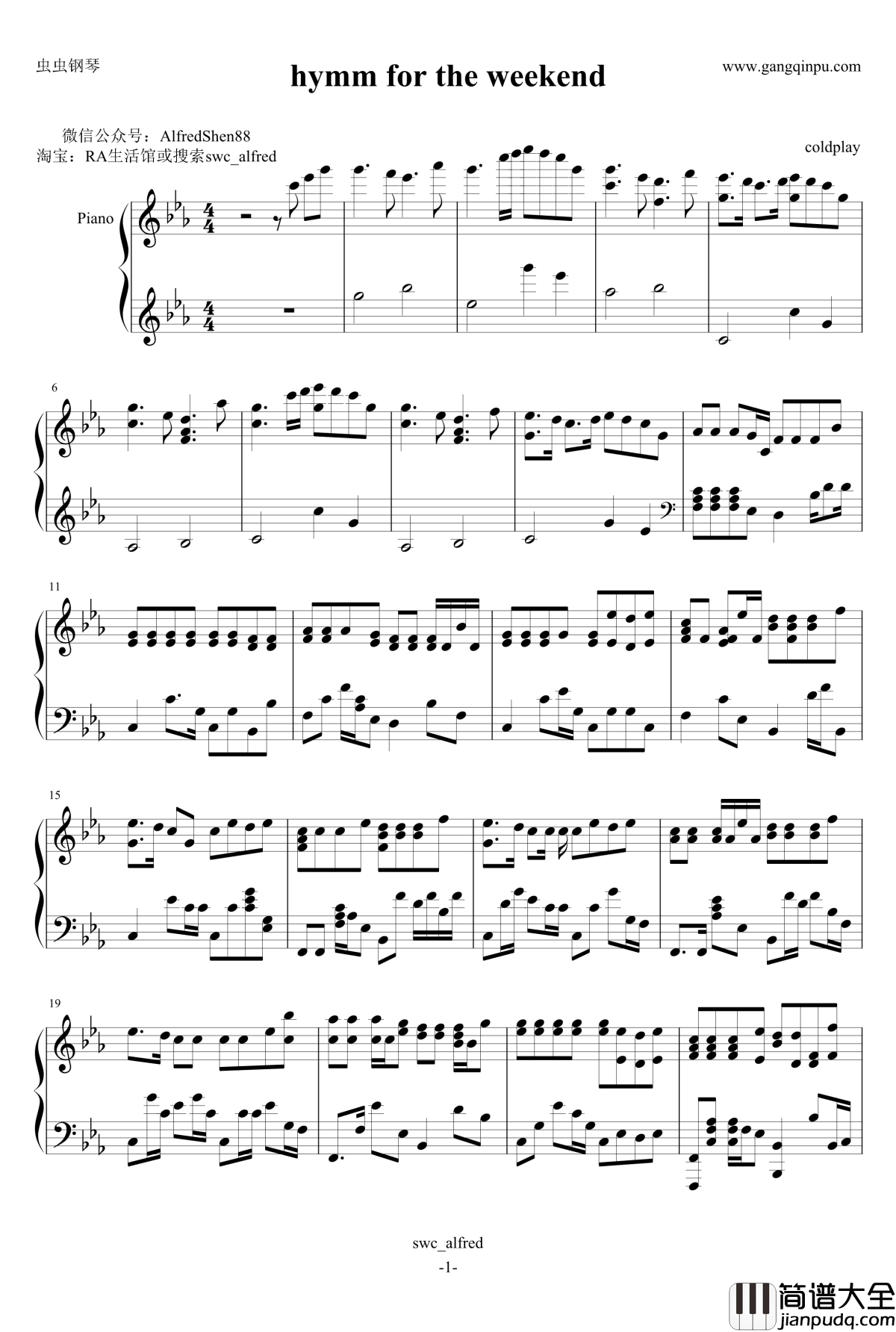 Hymm_for_the_weekend钢琴谱_coldplay