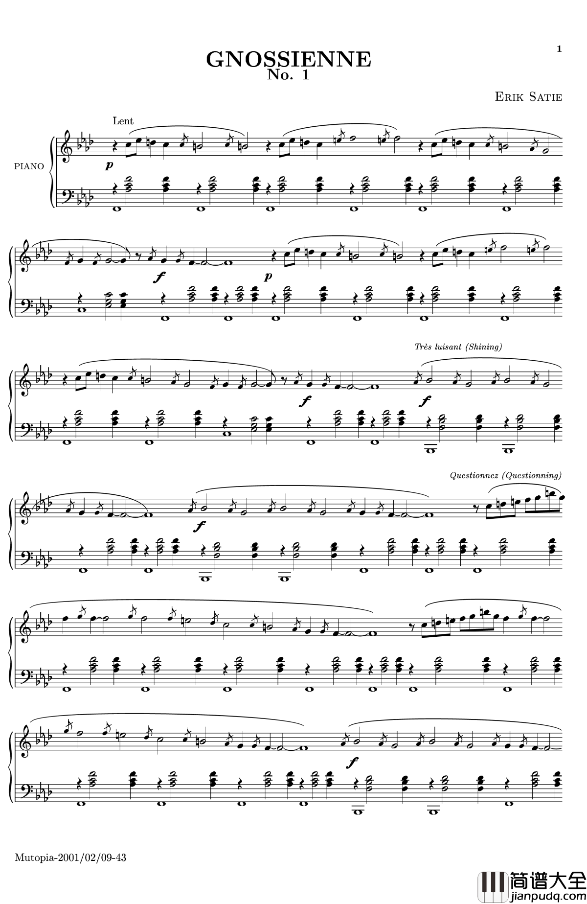 萨蒂玄秘曲钢琴谱_第一首_沙拉萨蒂