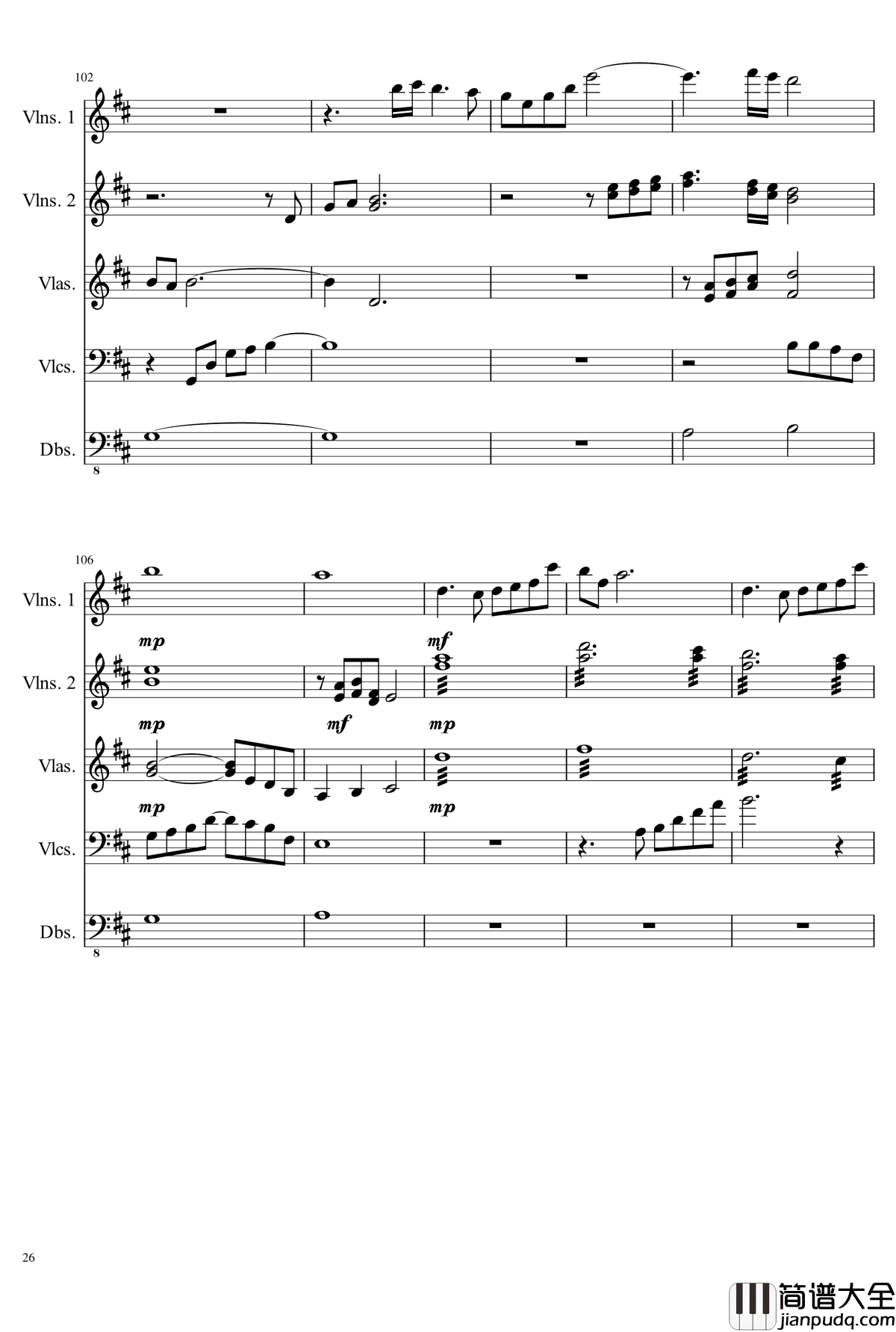 D大调弦乐合奏钢琴谱_ahfywc