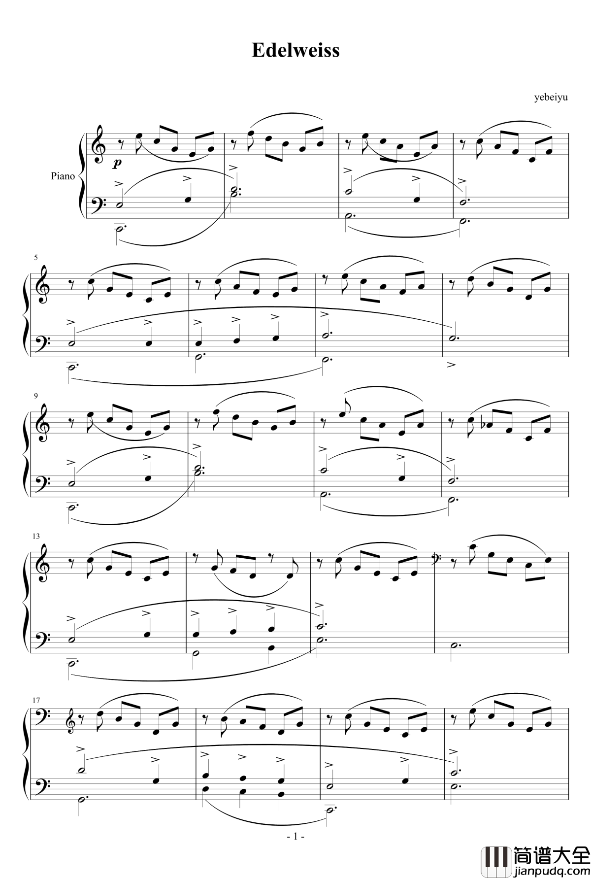 雪绒花钢琴谱_世界名曲