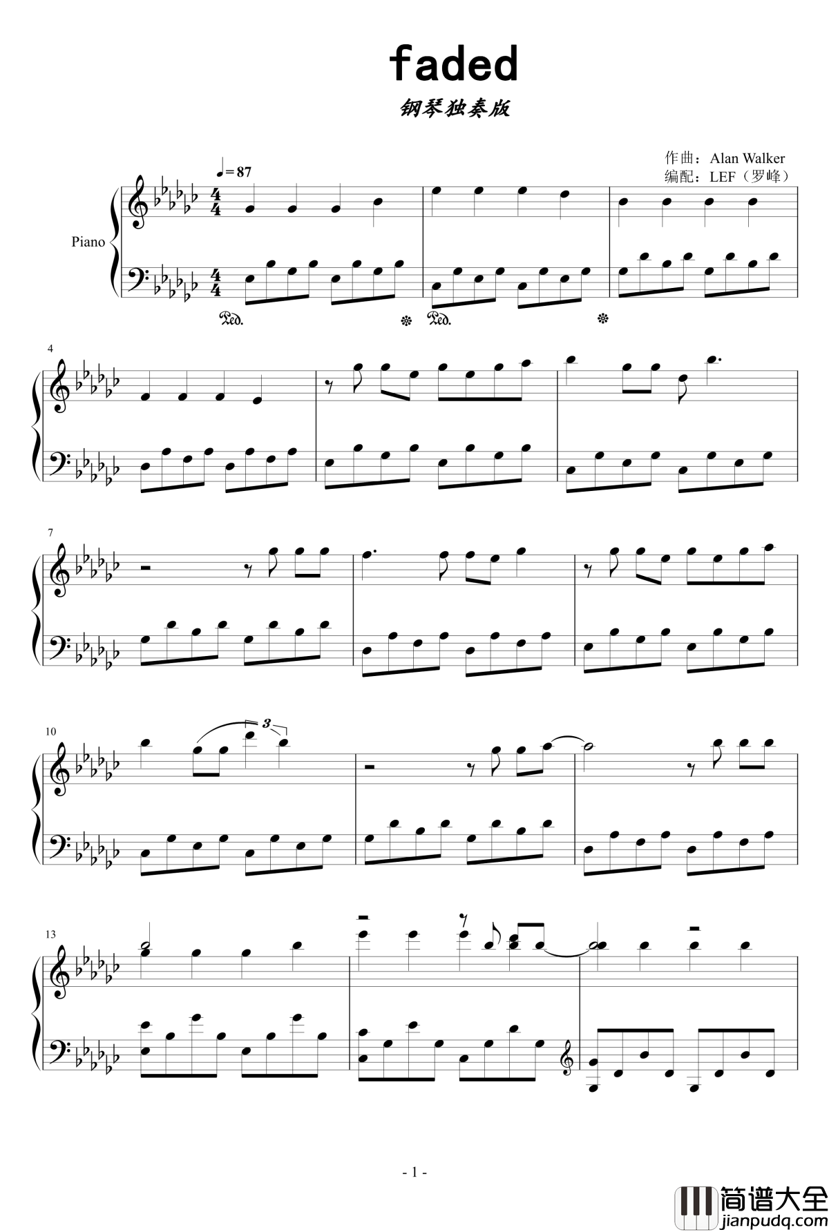 Faded钢琴谱钢琴独奏版_Alan_Walker