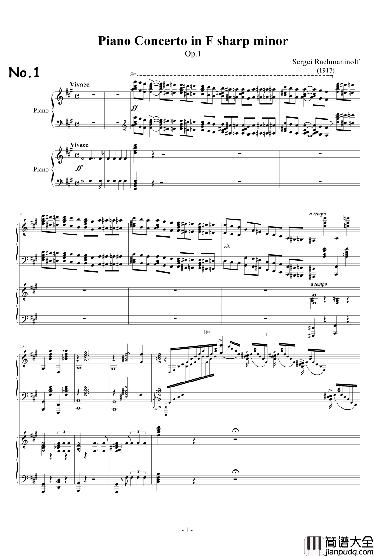 拉赫玛尼诺夫第一钢琴协奏曲_Op.1钢琴谱_拉赫马尼若夫