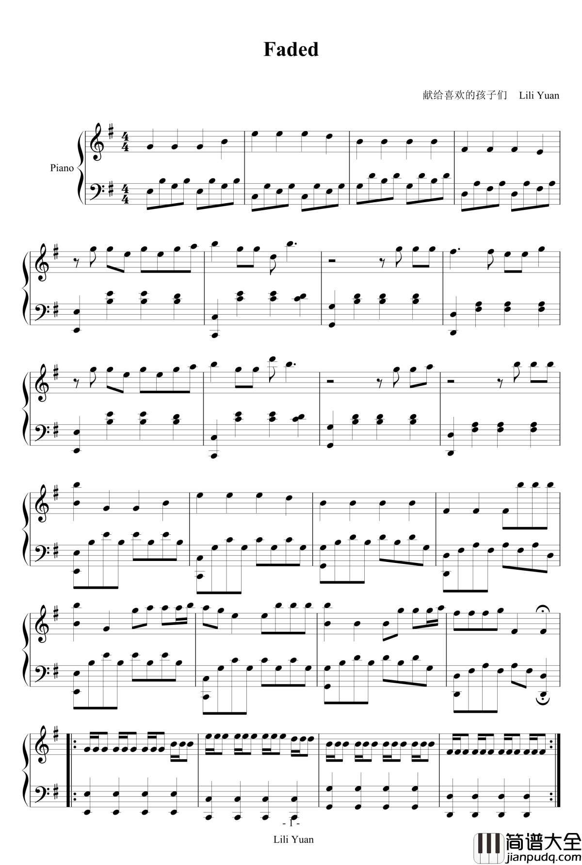 Faded_Alan_walker钢琴谱_艾伦·沃克