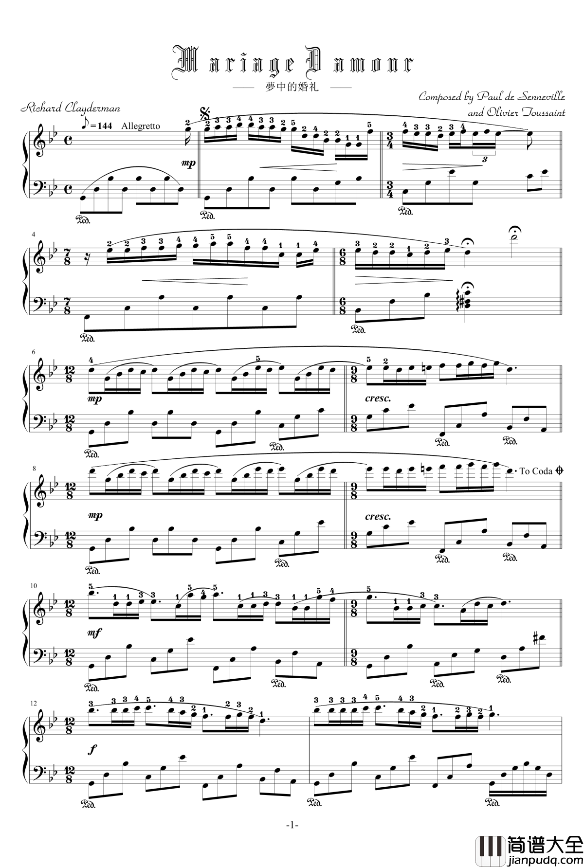 理查德演奏版钢琴谱_梦中的婚礼_克萊德曼