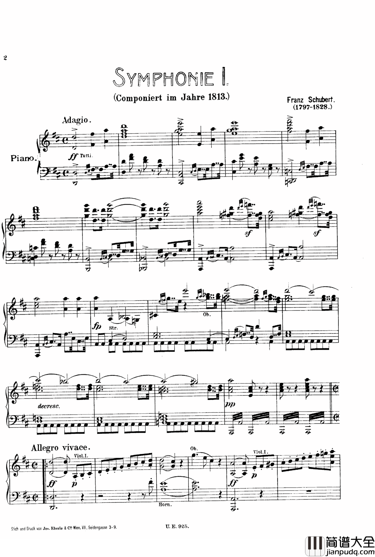 D大调第一交响曲_D.82钢琴谱_舒伯特