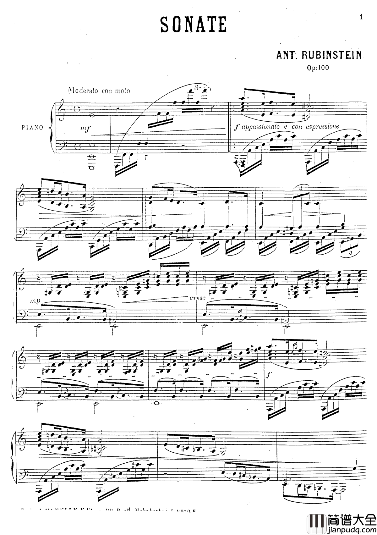 a小调第四钢琴奏鸣曲钢琴谱_安东_鲁宾斯坦__Op.100