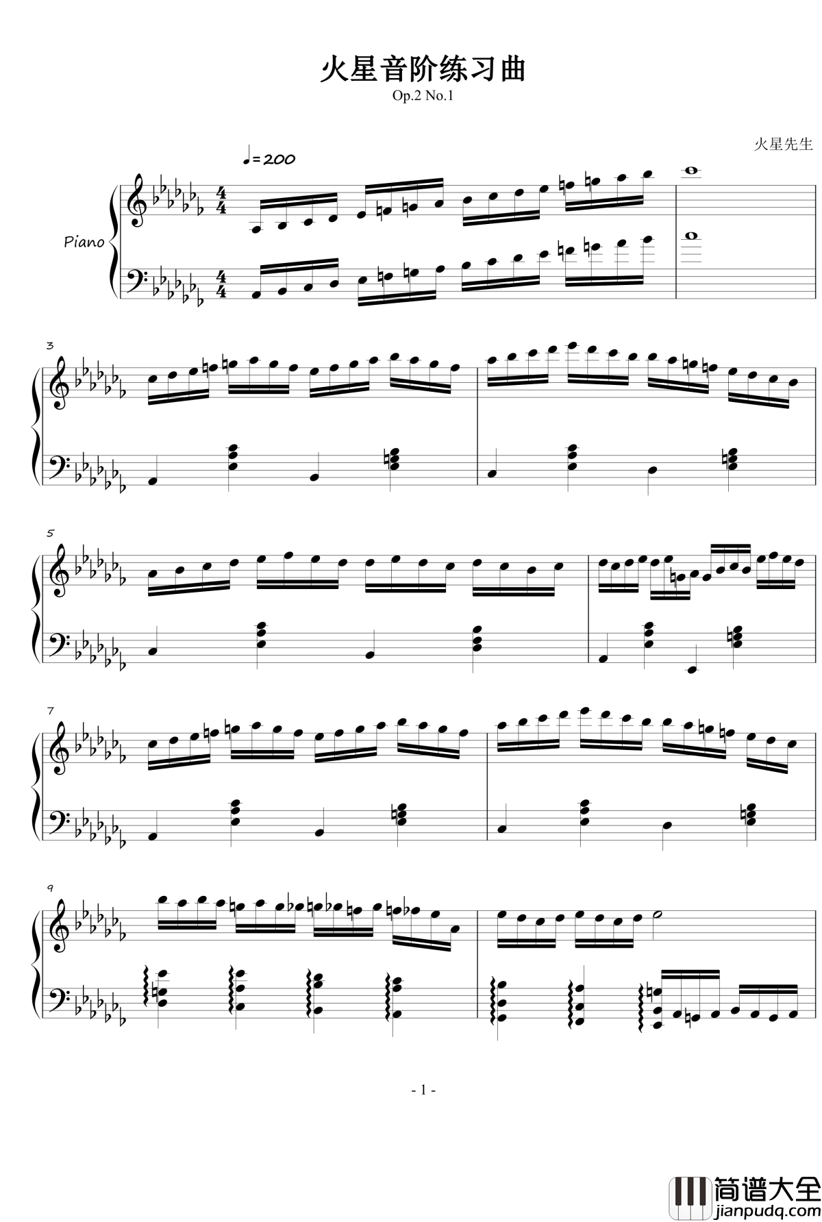 火星音阶练习曲钢琴谱_Op.2_No.1_火星先生