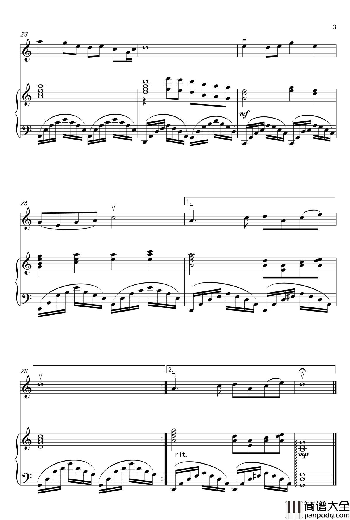 好人一生平安钢琴谱_二胡独奏版_李娜