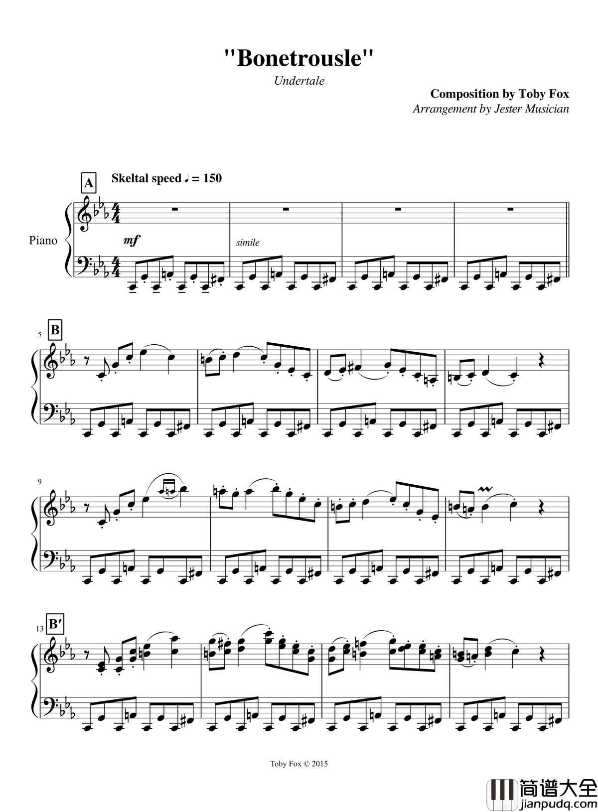 Bonetrousle钢琴谱_Undertale