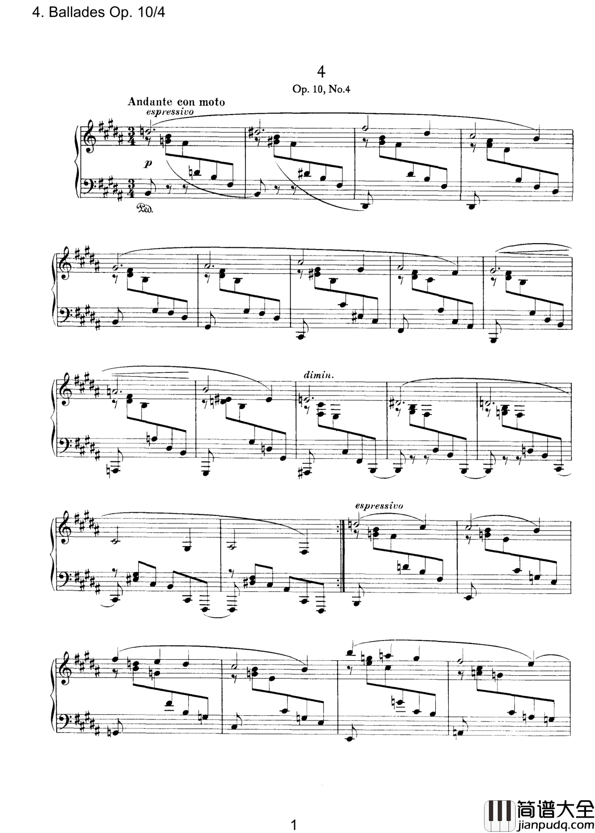 叙事曲钢琴谱_Op.10__No.4_勃拉姆斯
