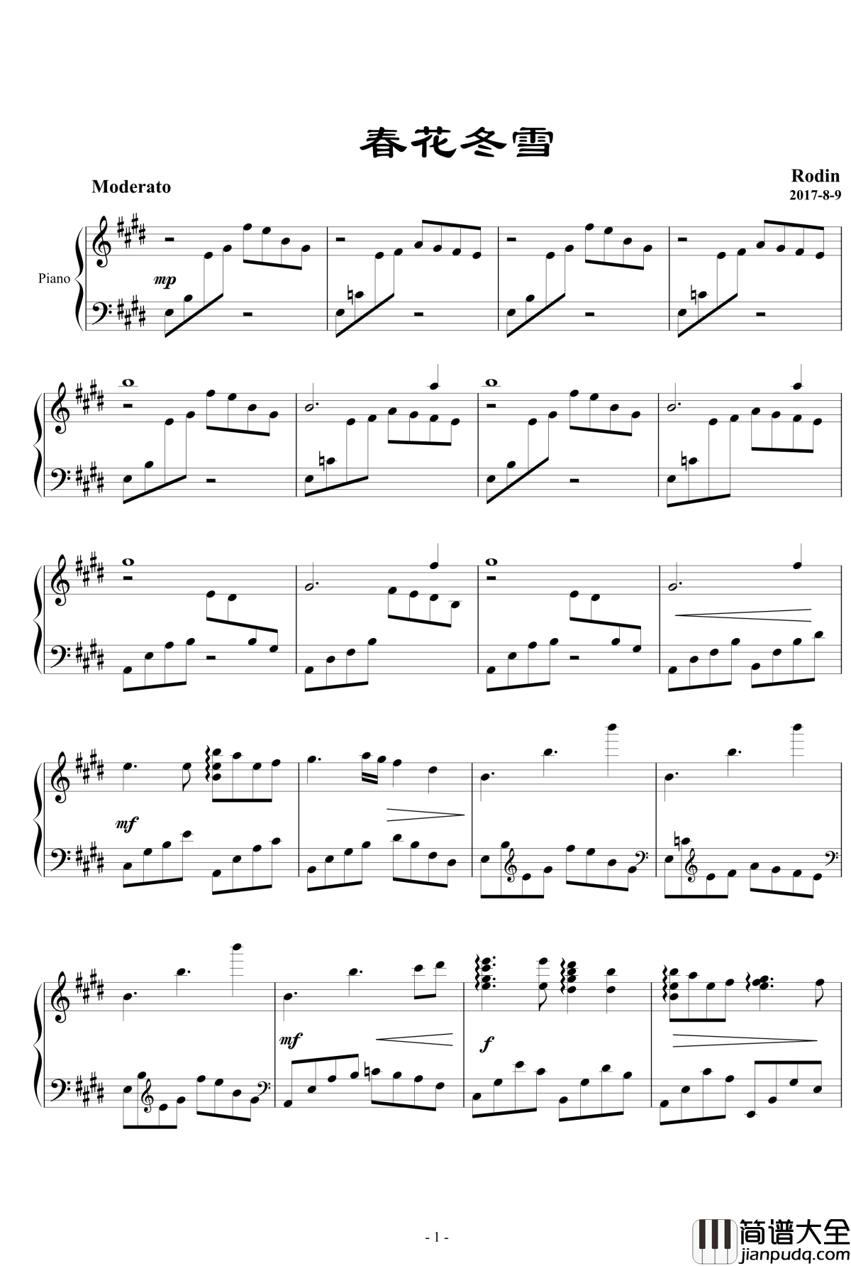 春花冬雪钢琴谱_yutianyue126