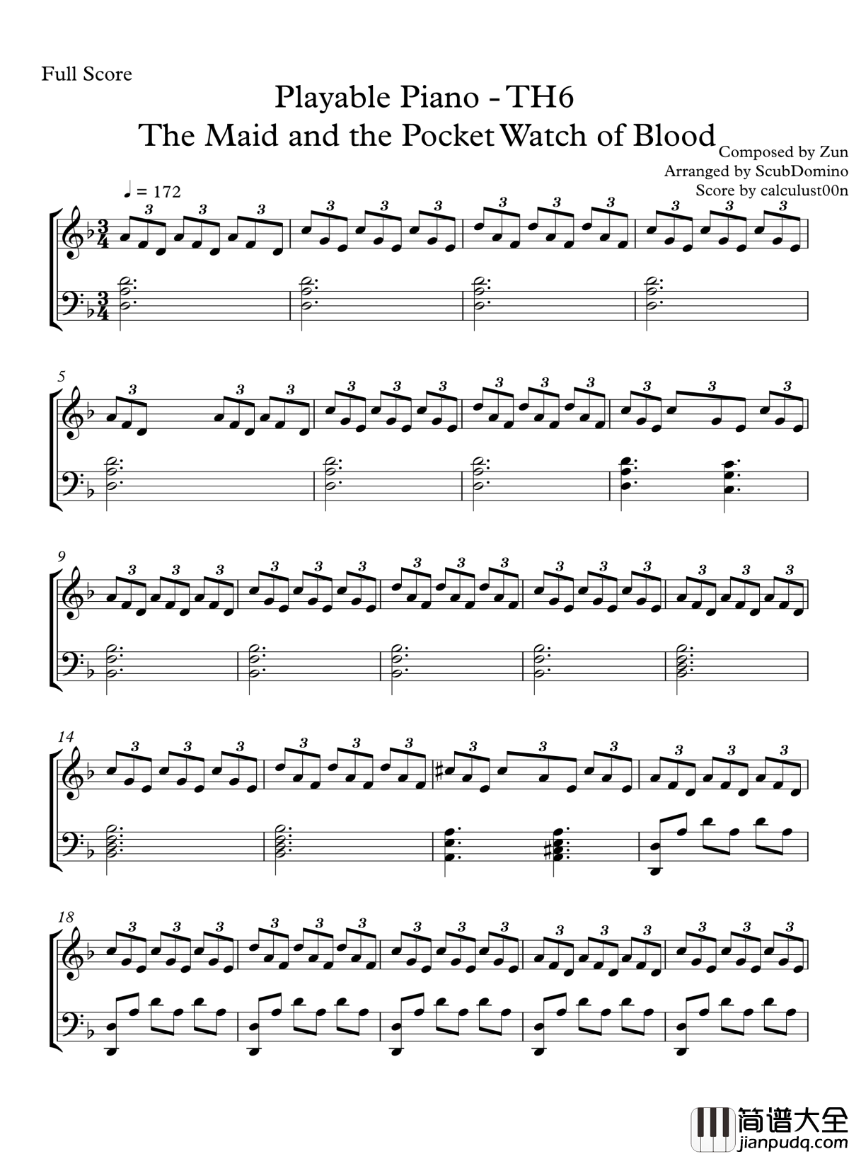 女仆与血之怀表钢琴谱_东方project_[东方红魔乡]