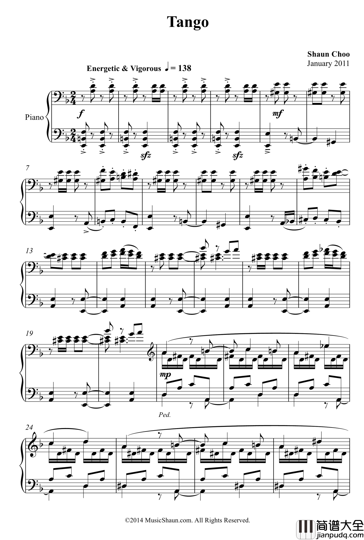 肖恩的探戈钢琴谱_世界名曲