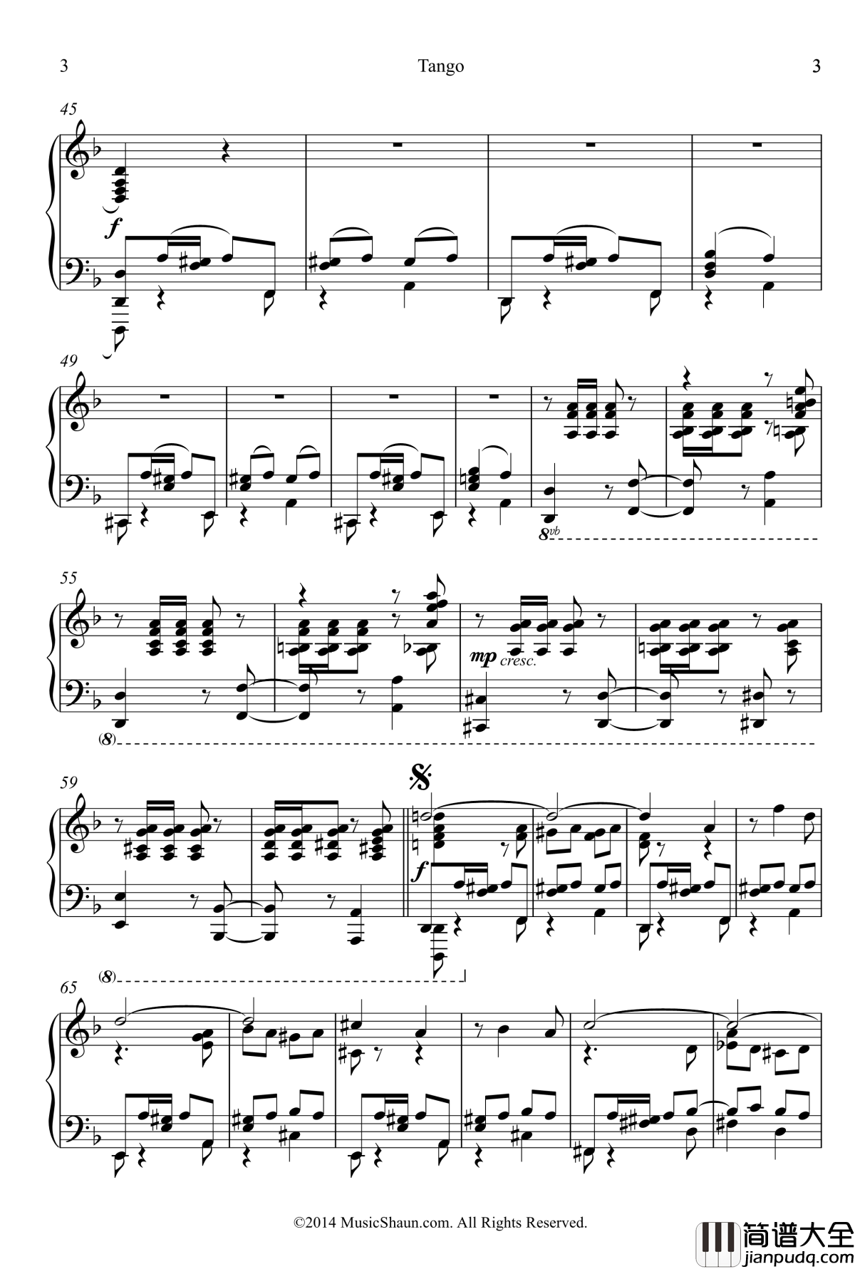 肖恩的探戈钢琴谱_世界名曲