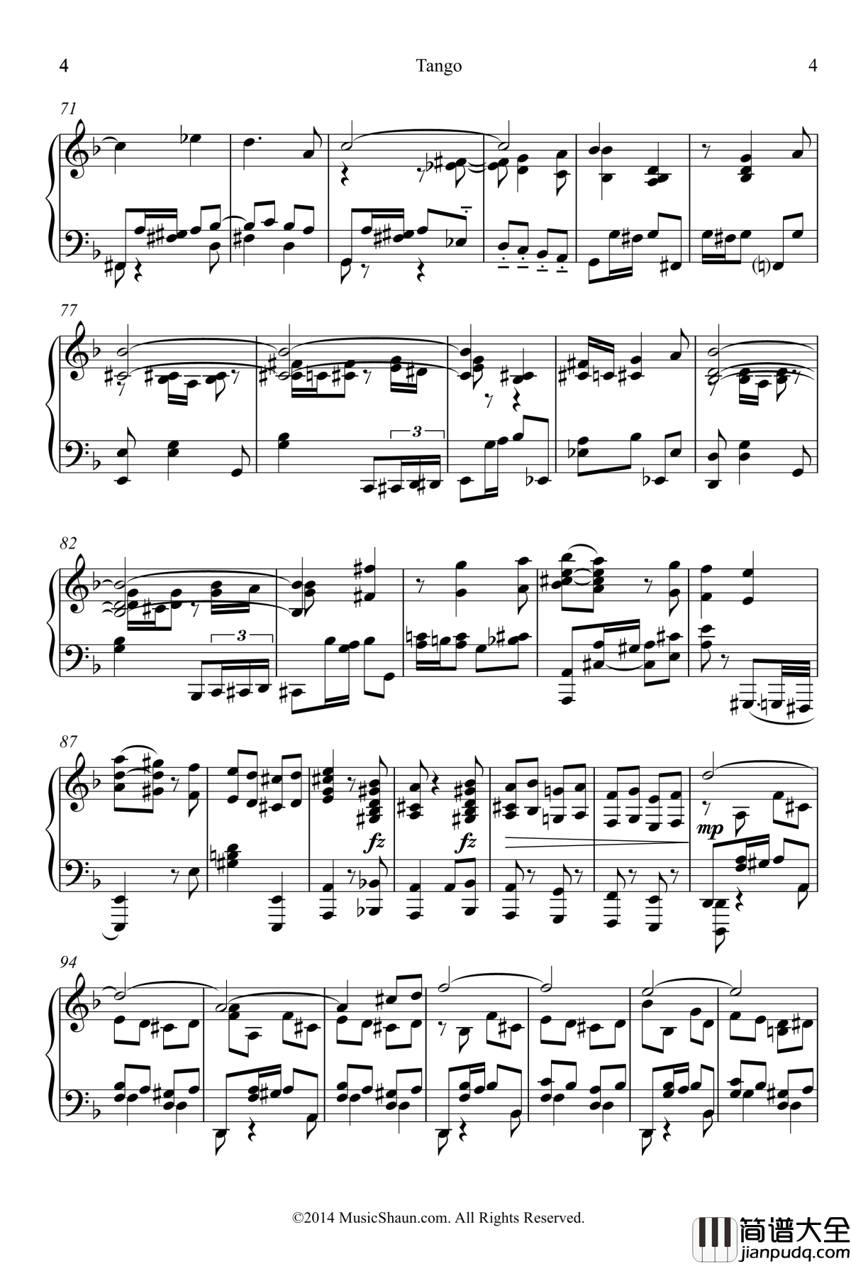 肖恩的探戈钢琴谱_世界名曲