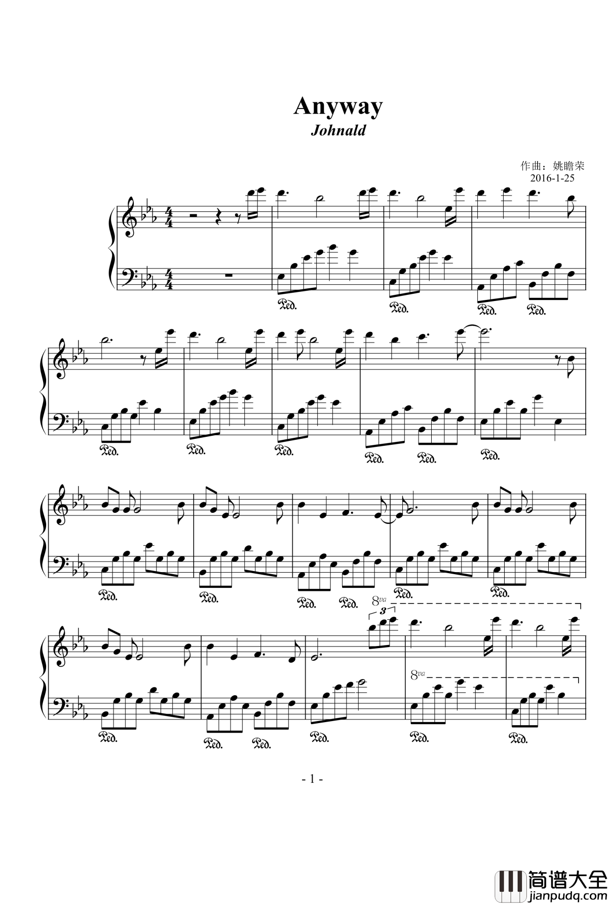 Anyway钢琴谱_姚瞻荣