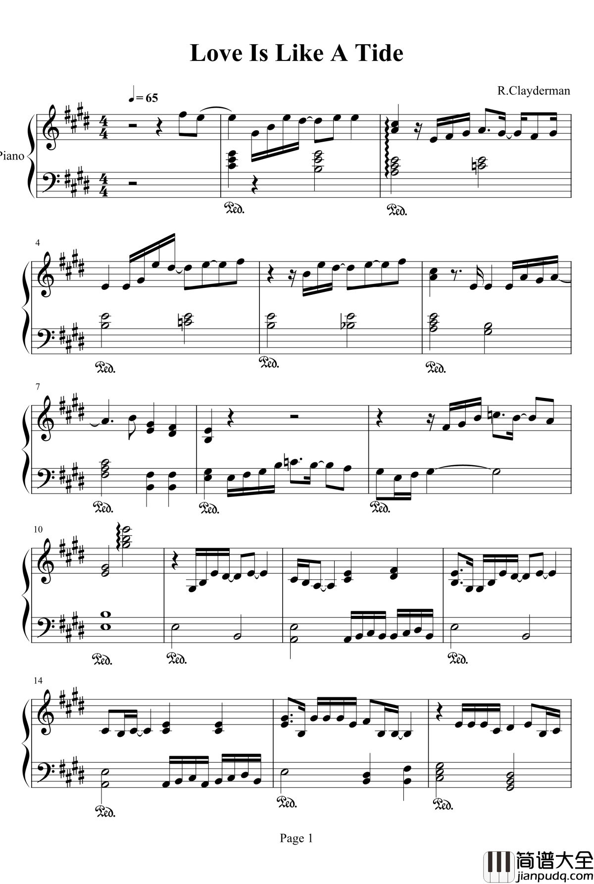 爱如潮水钢琴谱_克莱德曼