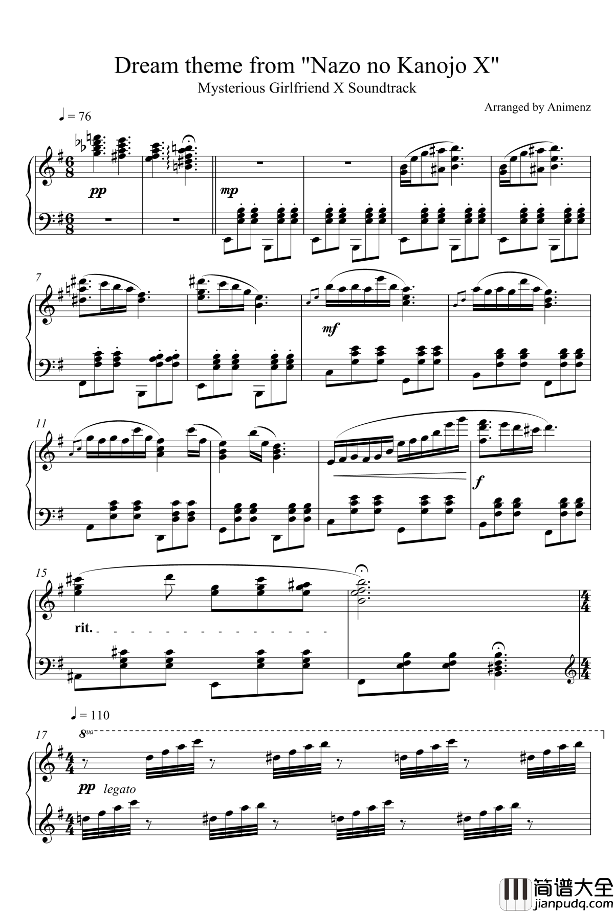 Dream_theme_谜の彼女X钢琴谱_Animenz_调教咖啡厅