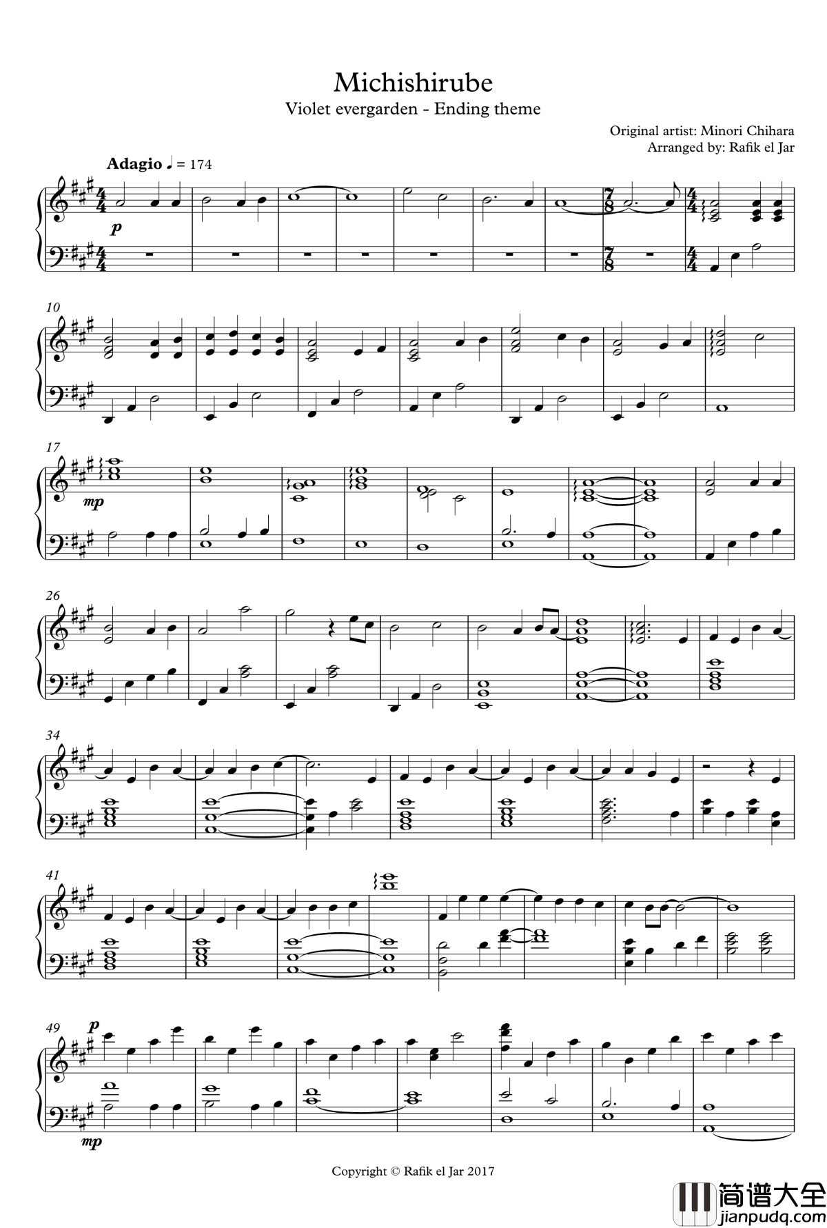 みちしるべ钢琴谱_紫罗兰永恒花园ED