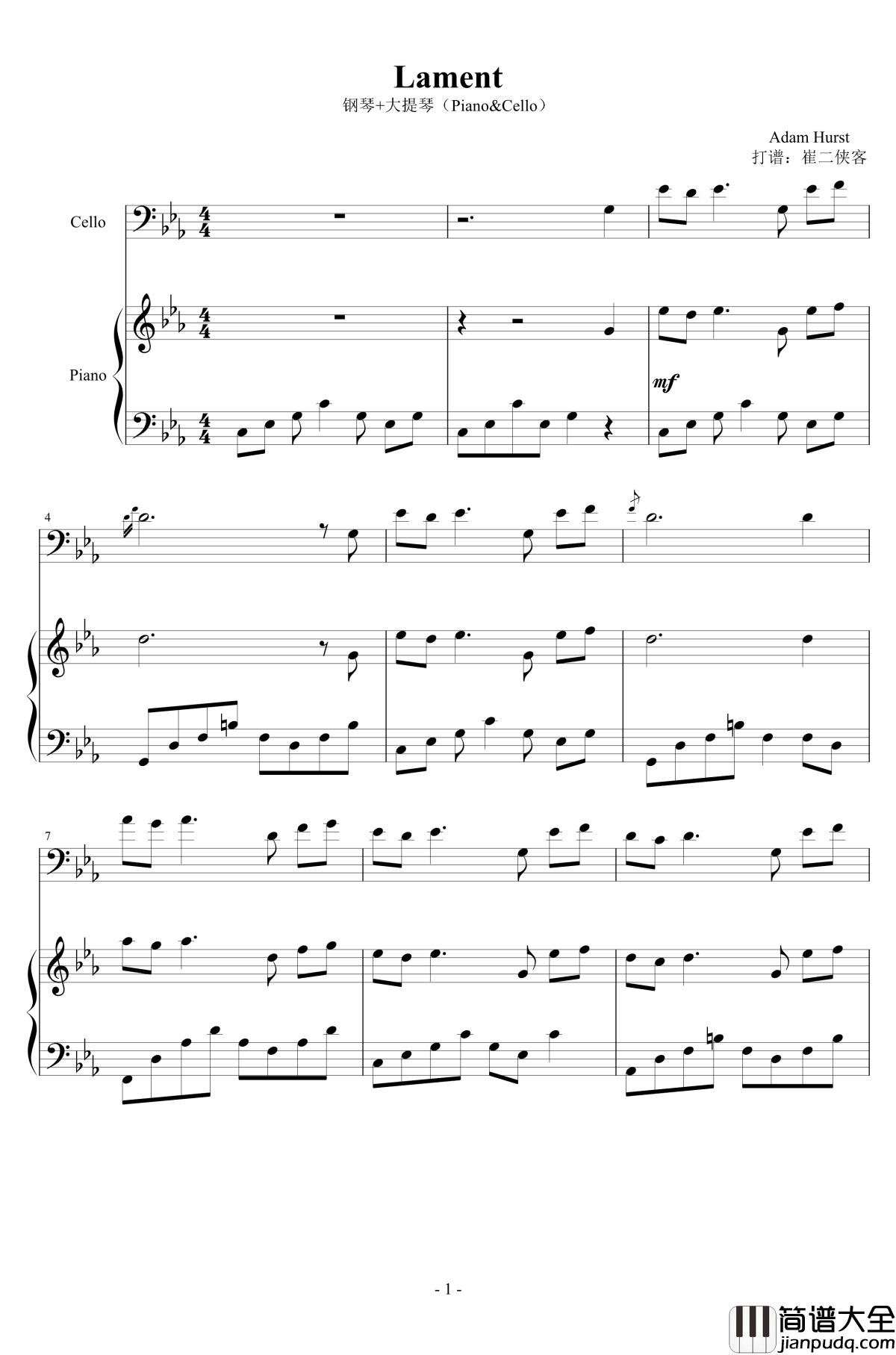 Lament钢琴谱_钢琴大提琴原版_Adam_Hurst