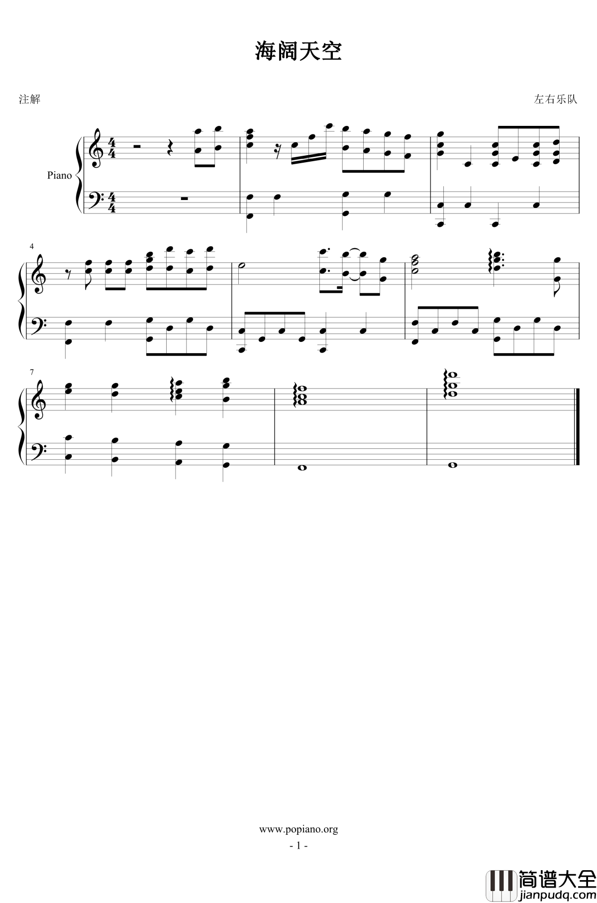 海阔天空前奏钢琴谱_左右乐队版