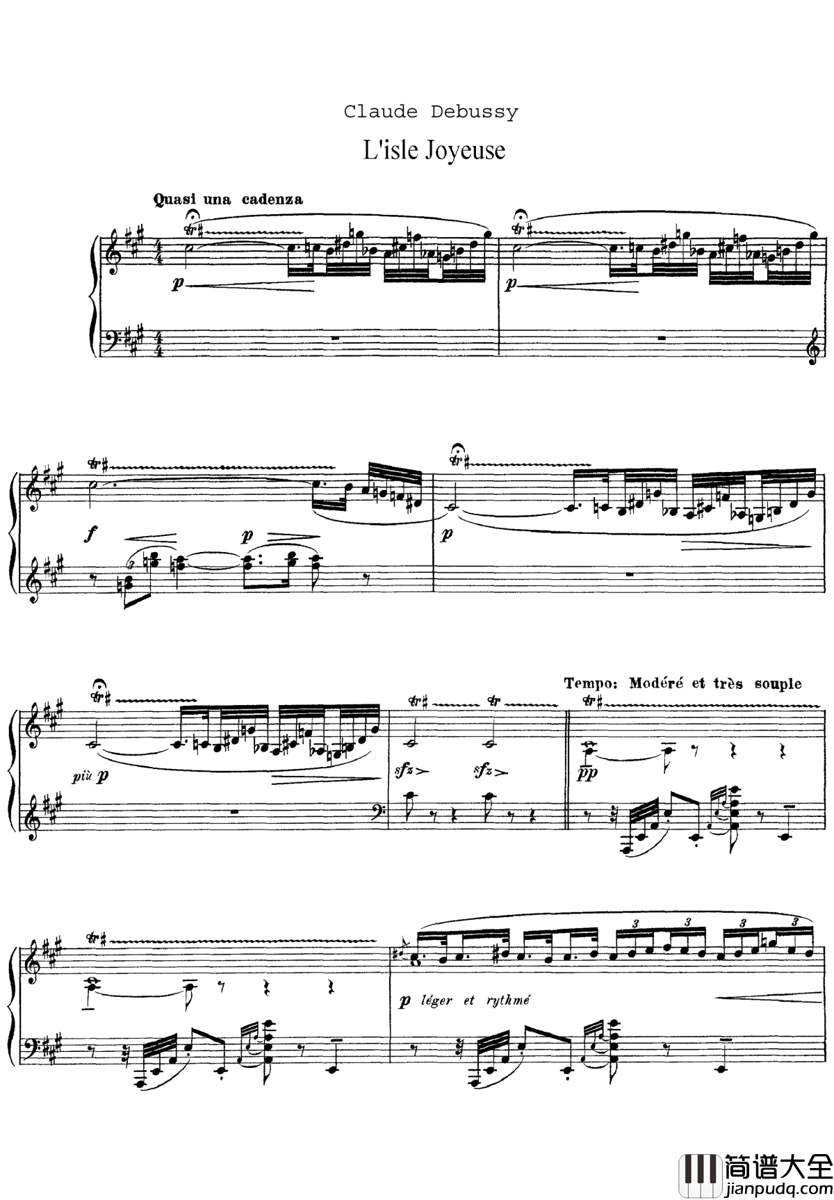 欢乐岛钢琴谱_德彪西